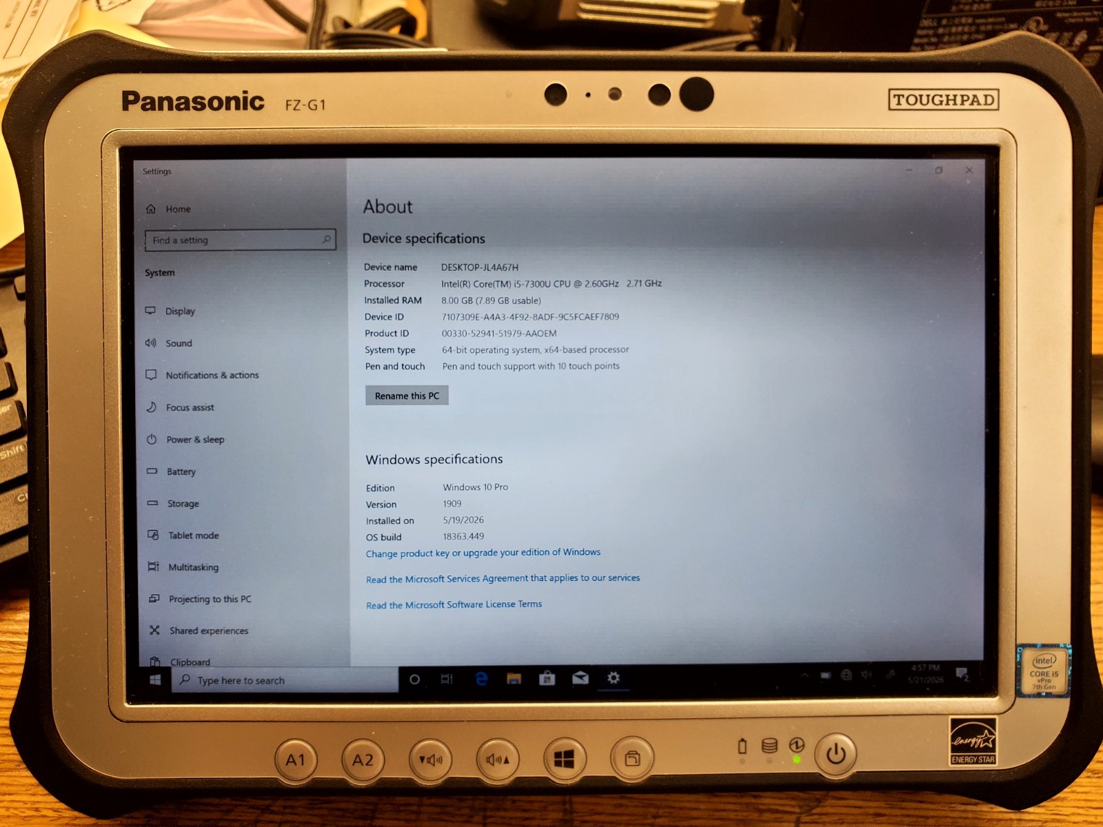 PANASONIC TOUGHPAD FZ-G1 i5 CPU Ram 8GB Win 10 PRO