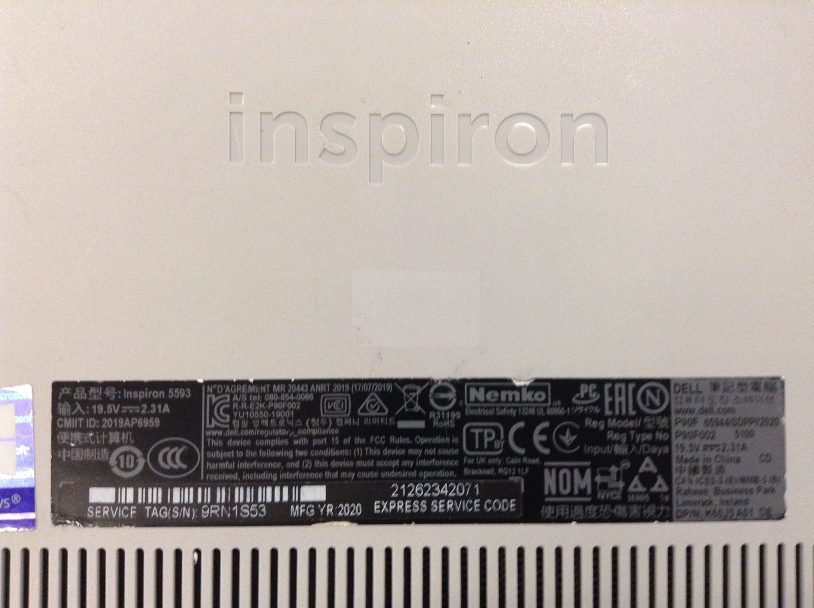 Dell Inspiron 5593 15.6″ FHD Laptop i5-1035G1 w/8GB, 512GB SSD, Backlit, WORKING