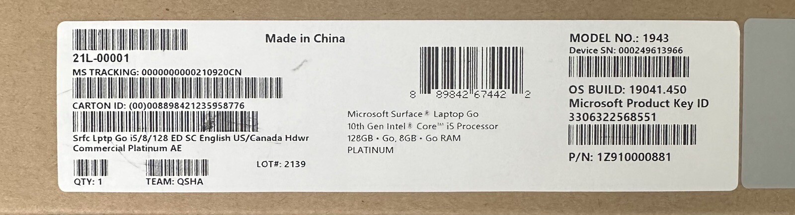 Microsoft Surface Laptop Go 12.4 inch (128GB, Intel Core i5 10th Gen., 1.00GHz,