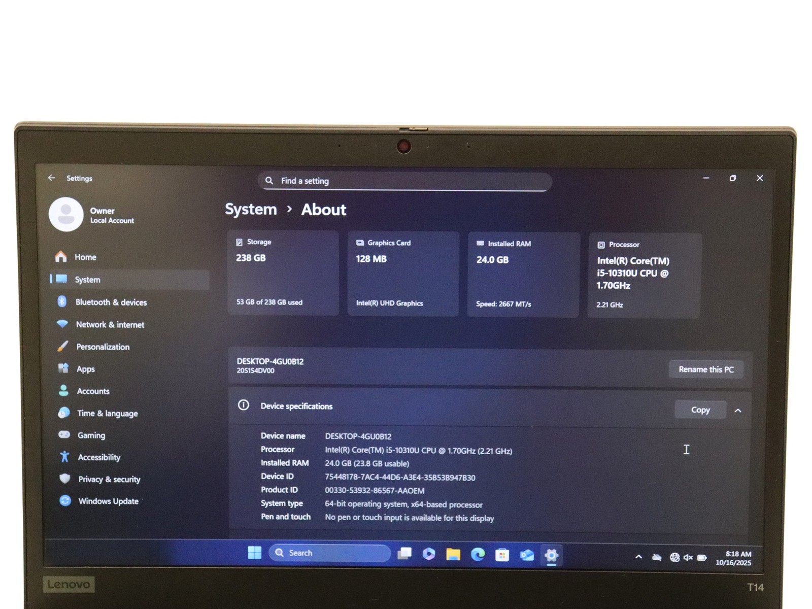 Lenovo ThinkPad T14 G1 14″ i5-10310U 24GB 256GB NVMe Win 11 Pro – As Is Read