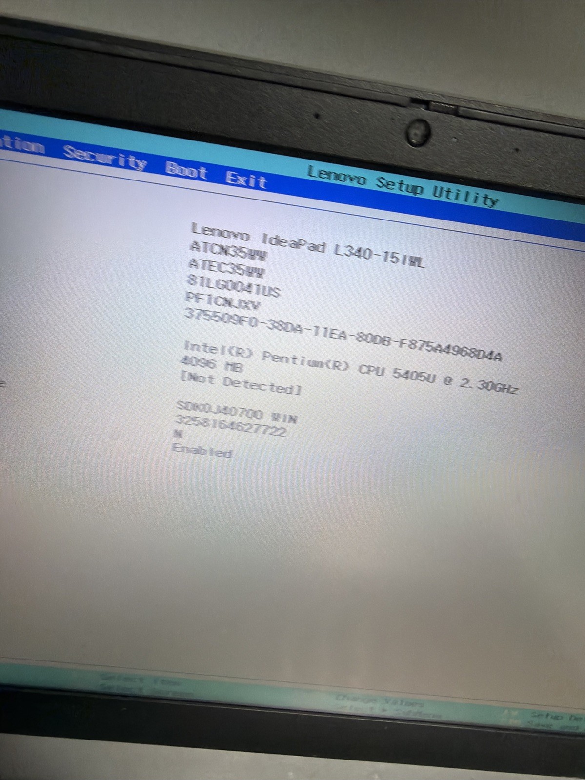 Lenovo Ideapad L340-15IWL Laptop Pentium 5405u 4gb Ram No Drives Boots Bios
