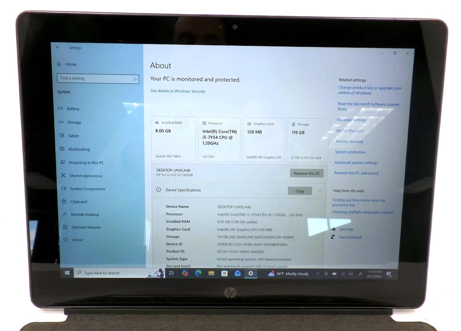 HP Pro X2 612 G2 Tablet Core i5-7Y54 1.20GHz 8GB 128GB SSD