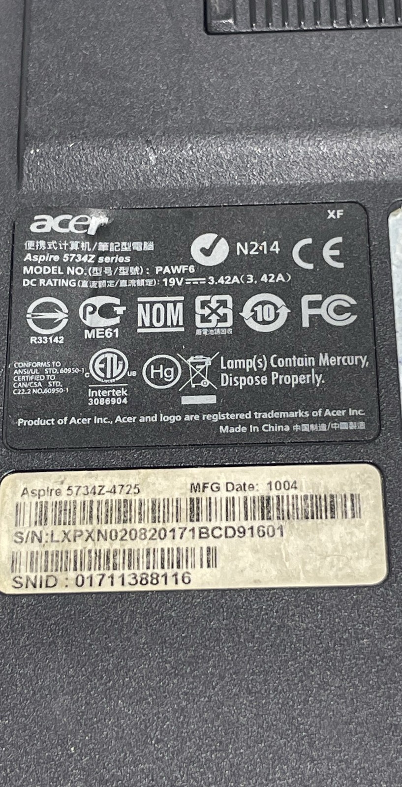 Acer Aspire 5734Z 4725 S/N LXPXN020820171B6D91601 15.6″ Laptop FOR PARTS