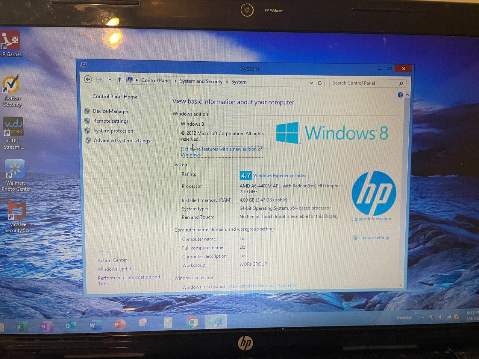 HP Pavillion G6 15″ Laptop ~ Windows 8 AMD A6 2.7GHz ~ 700GB HD ~ 4GB RAM Works!