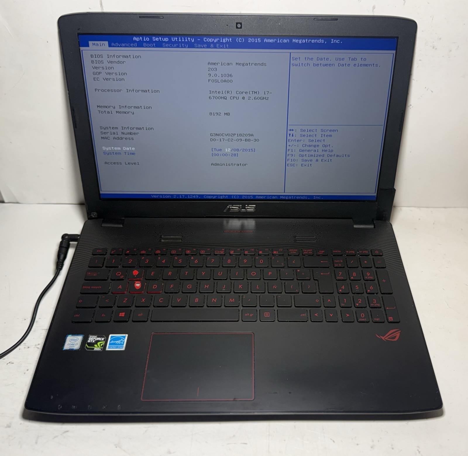 ASUS GL552V Gaming Laptop i7-6700HQ 8GB DDR4 GTX960M (NO SSD/AC) *READ* #0046