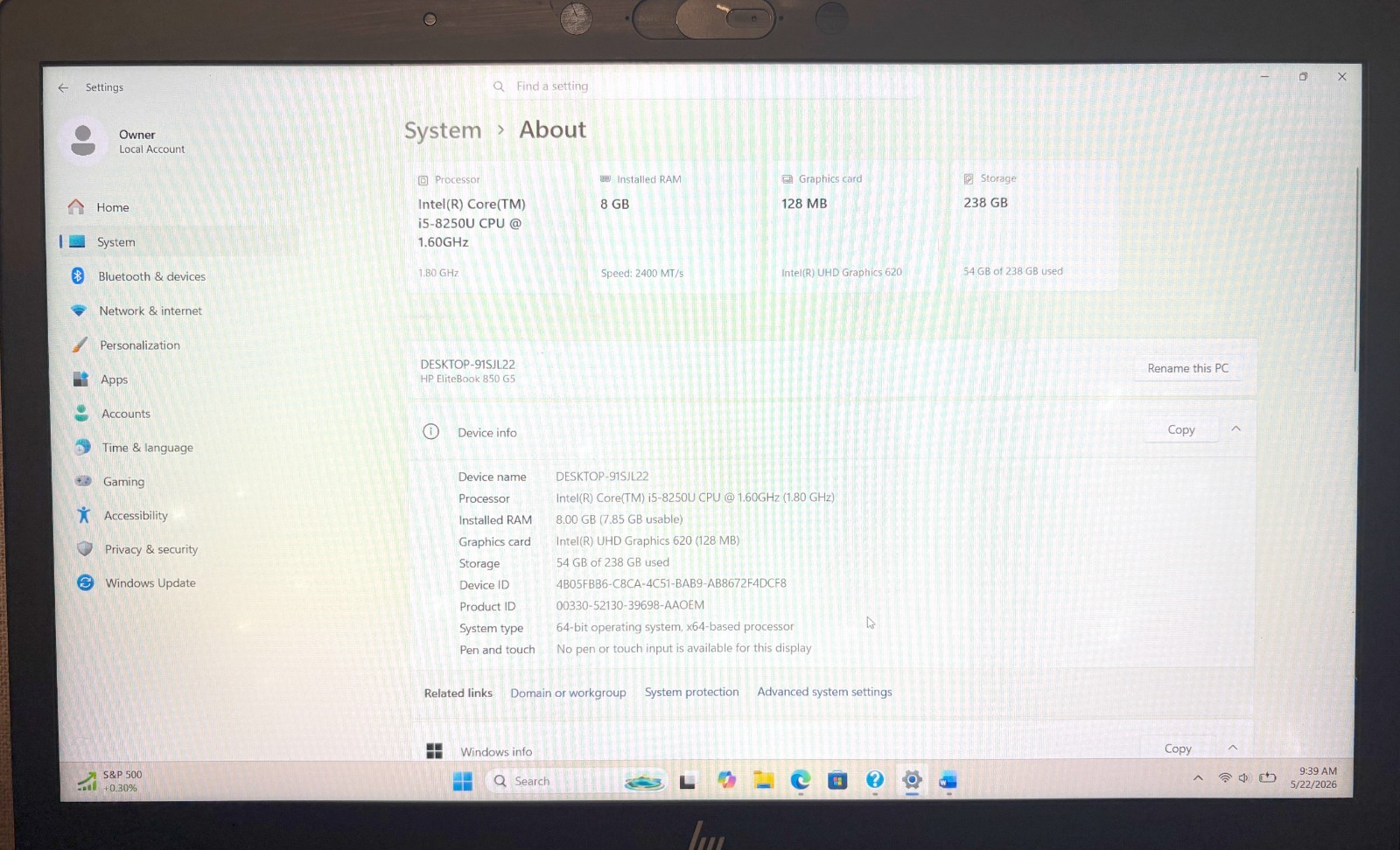 HP Elitebook 850 G5 15.6″ 1.6GHz i5-8250U 256GB SSD 8GB RAM Win 11 Pro ; 6181258