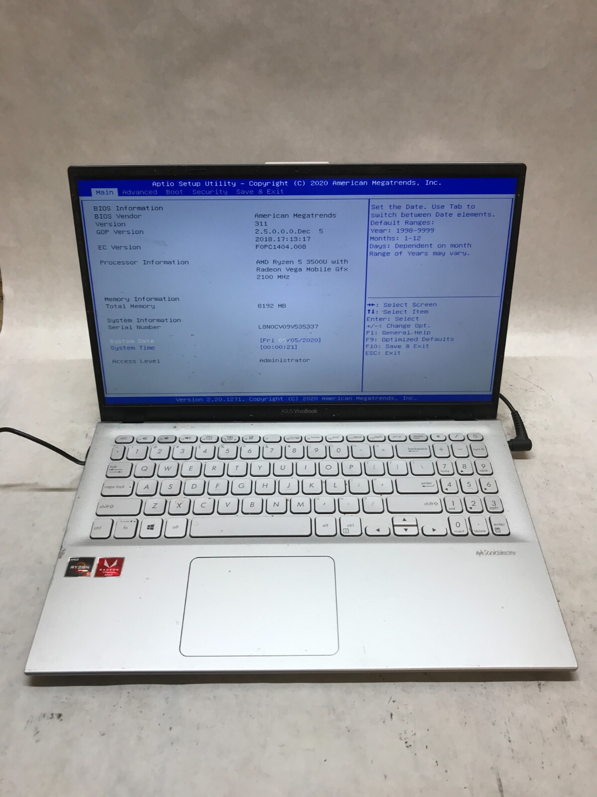 Asus X512D 15″ Laptop AMD Ryzen 5 3500U 2.1GHz Radeon Vega 8GB RAM NO SSD/OS -DW