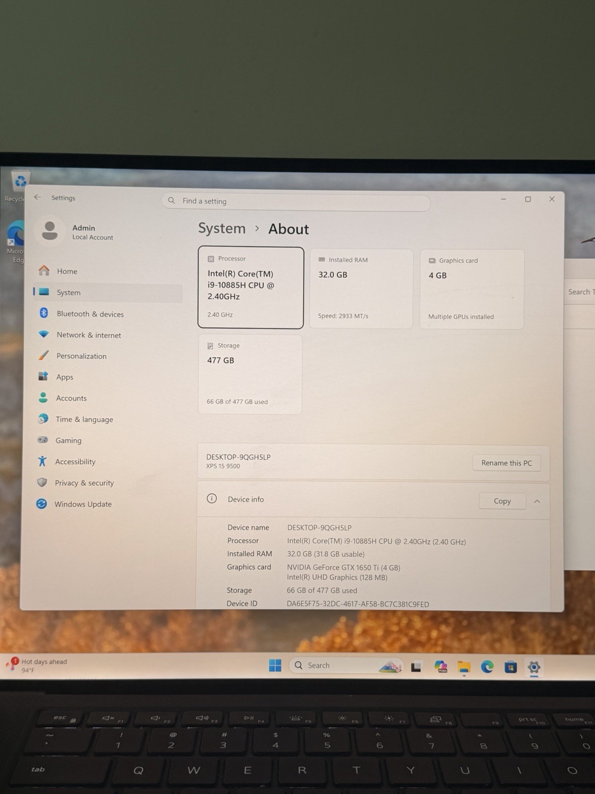 Touchscreen Dell XPS 15 9500 i9-10885H 32GB Ram 512Gb SSD |NVIDIA GTX 1650 Ti 4K