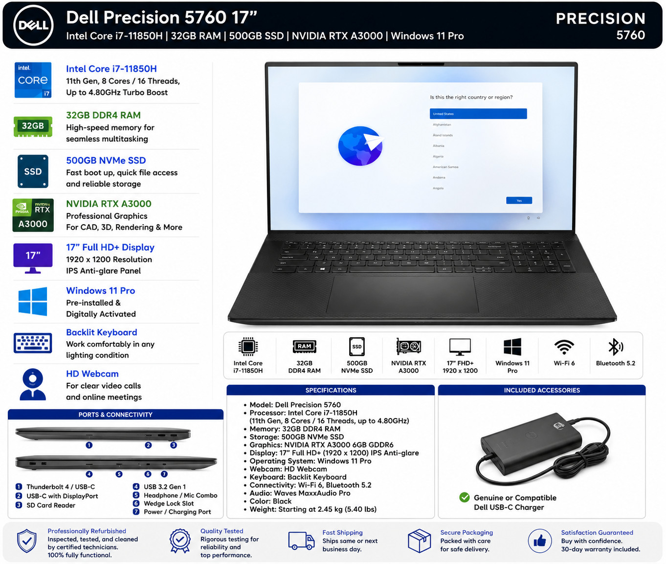 Dell Precision 5760 17″ i7-11850H 32GB 500GB SSD RTX A3000 Windows 11 Pro