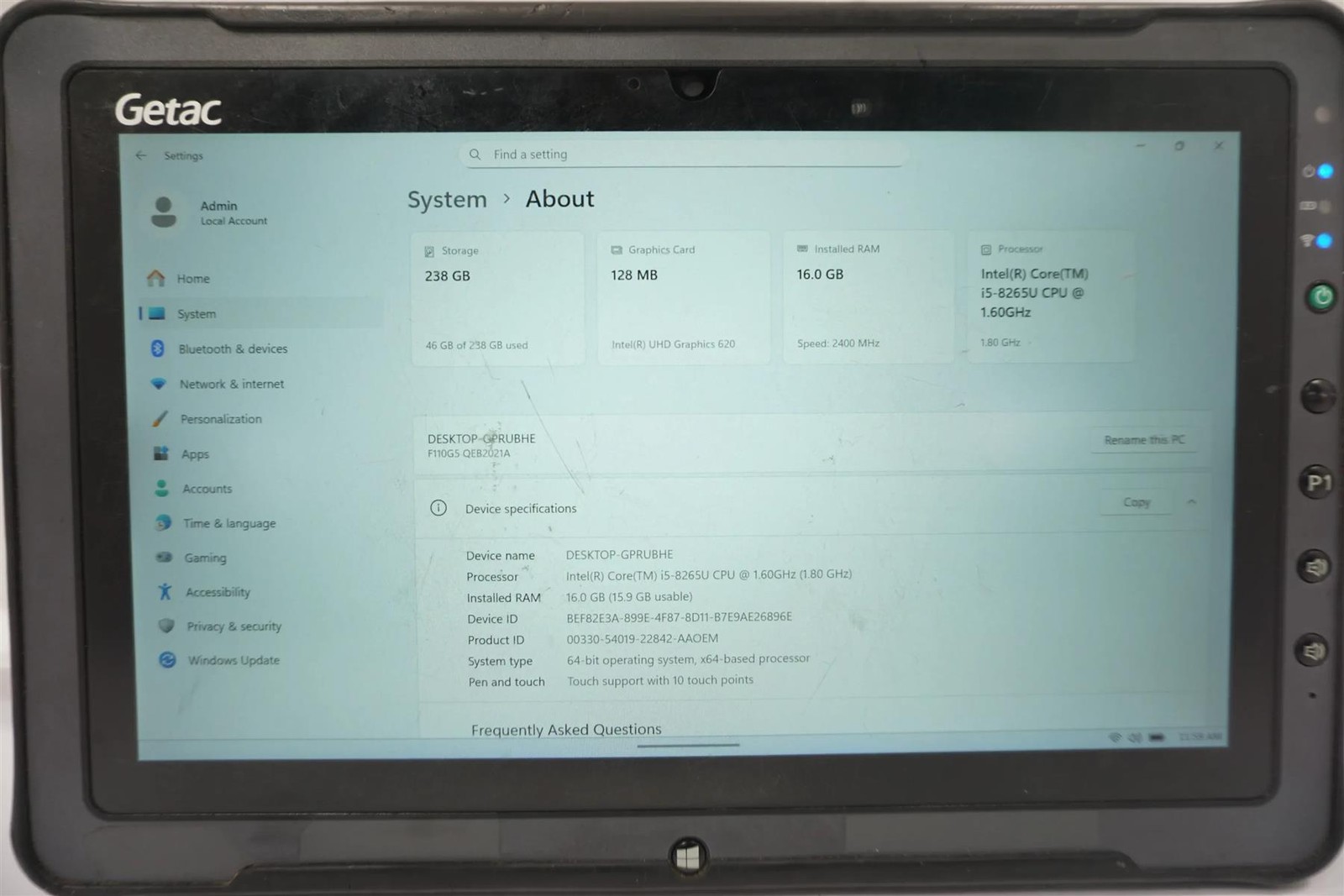 Getac F110 G5 11.6″ FHD Touch Core i5-8265U 1.60GHz 16GB 256GB SSD Tablet