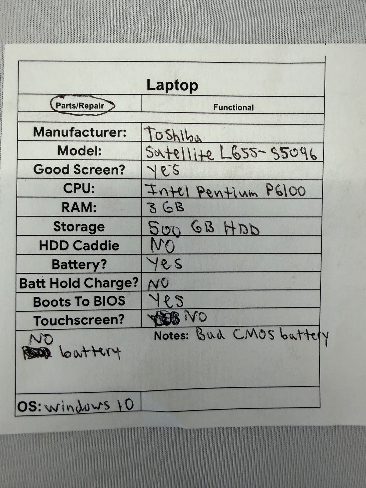 Toshiba Satellite L655-S5096 Laptop – Good Screen – Intel Pentium P6100-Read Des