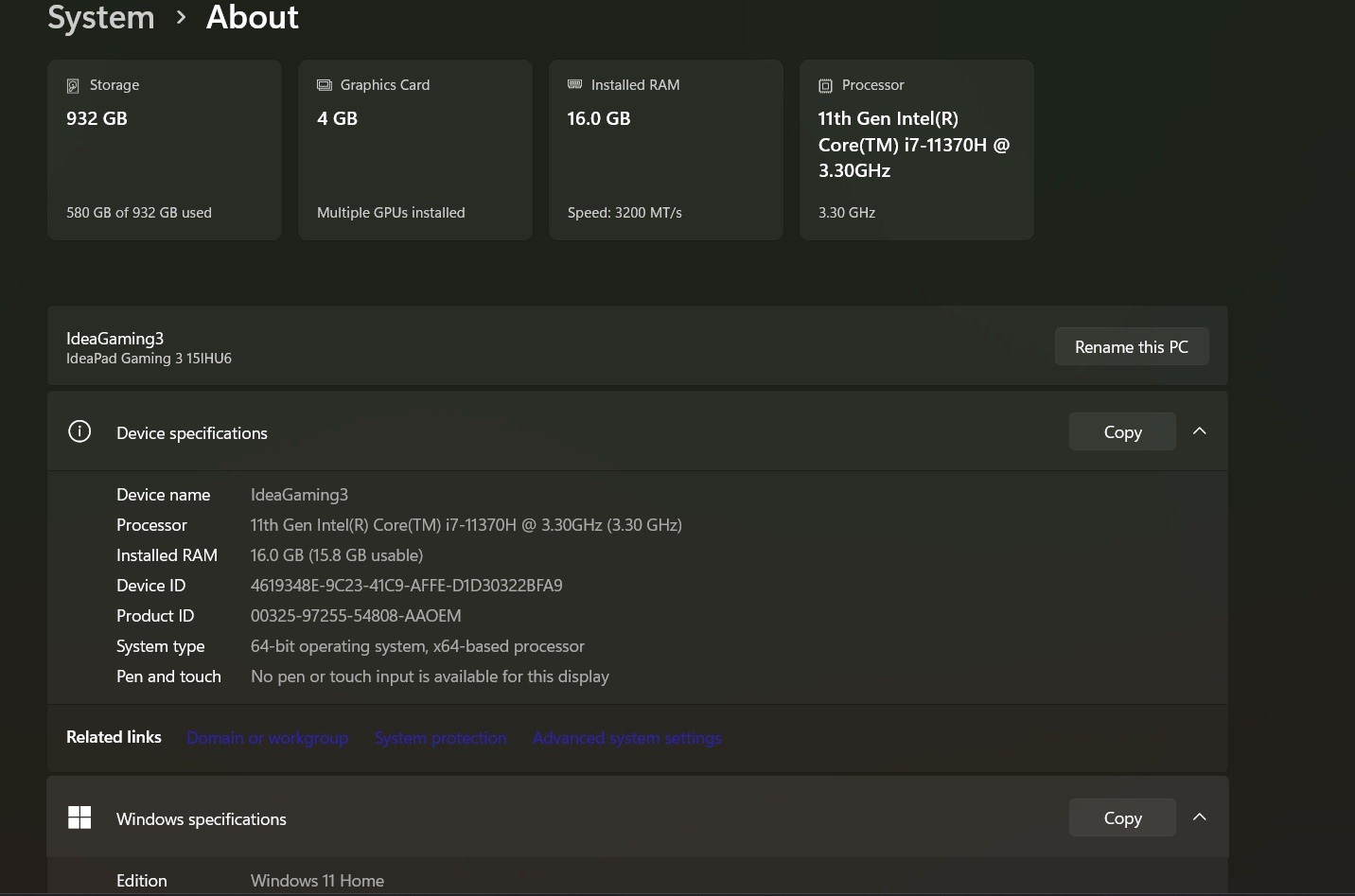 Lenovo IdeaPad Gaming 3 15IHU6, i7-11370H, RTX 1650, 1TB NVME, 16GB Ram, Win 11
