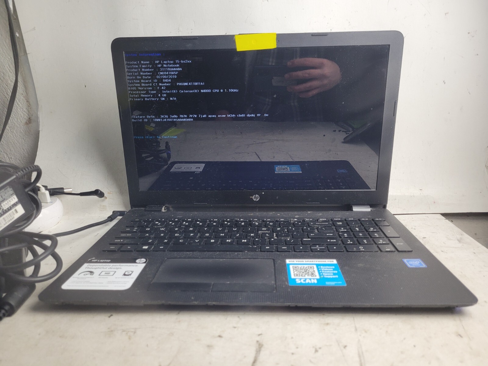Hp Model 15-bs212wm w/Celeron N4000, 4GB RAM, 15.6″ Laptop for Parts #1926