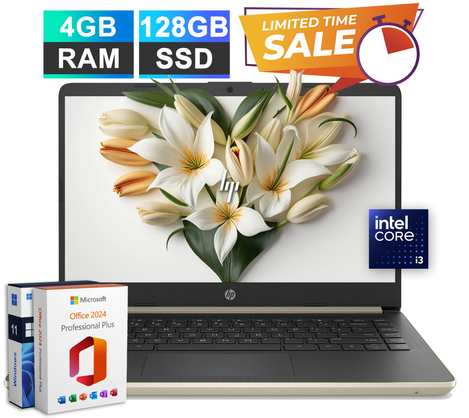 HP Laptop Notebook 14″ Intel i3 (Up to 3.4GHz) 4GB RAM 128GB SSD Office 2024 Pro