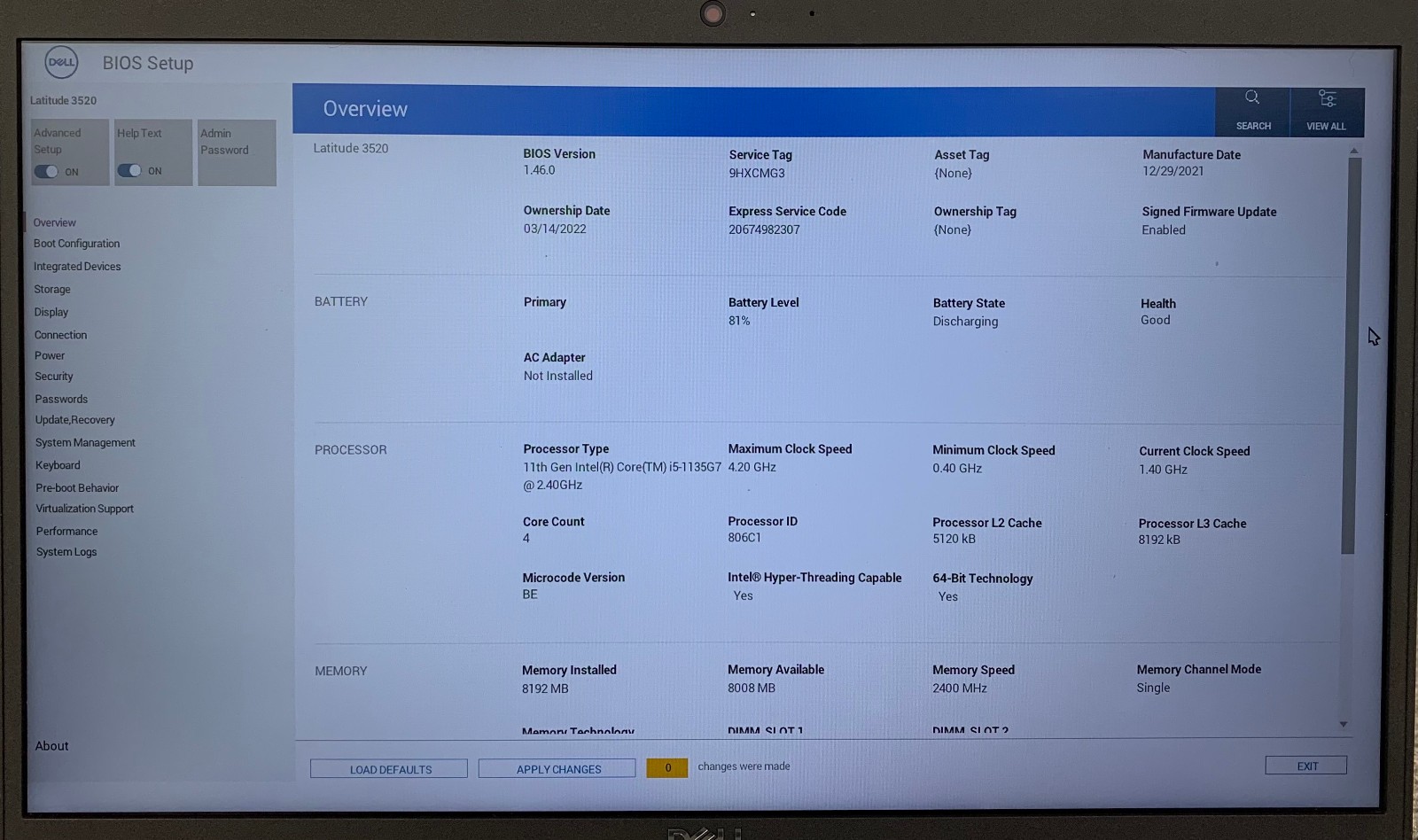 Dell Latitude 3520 15.6″ Laptop i5-1135G7, No RAM/Storage, Boots to BIOS