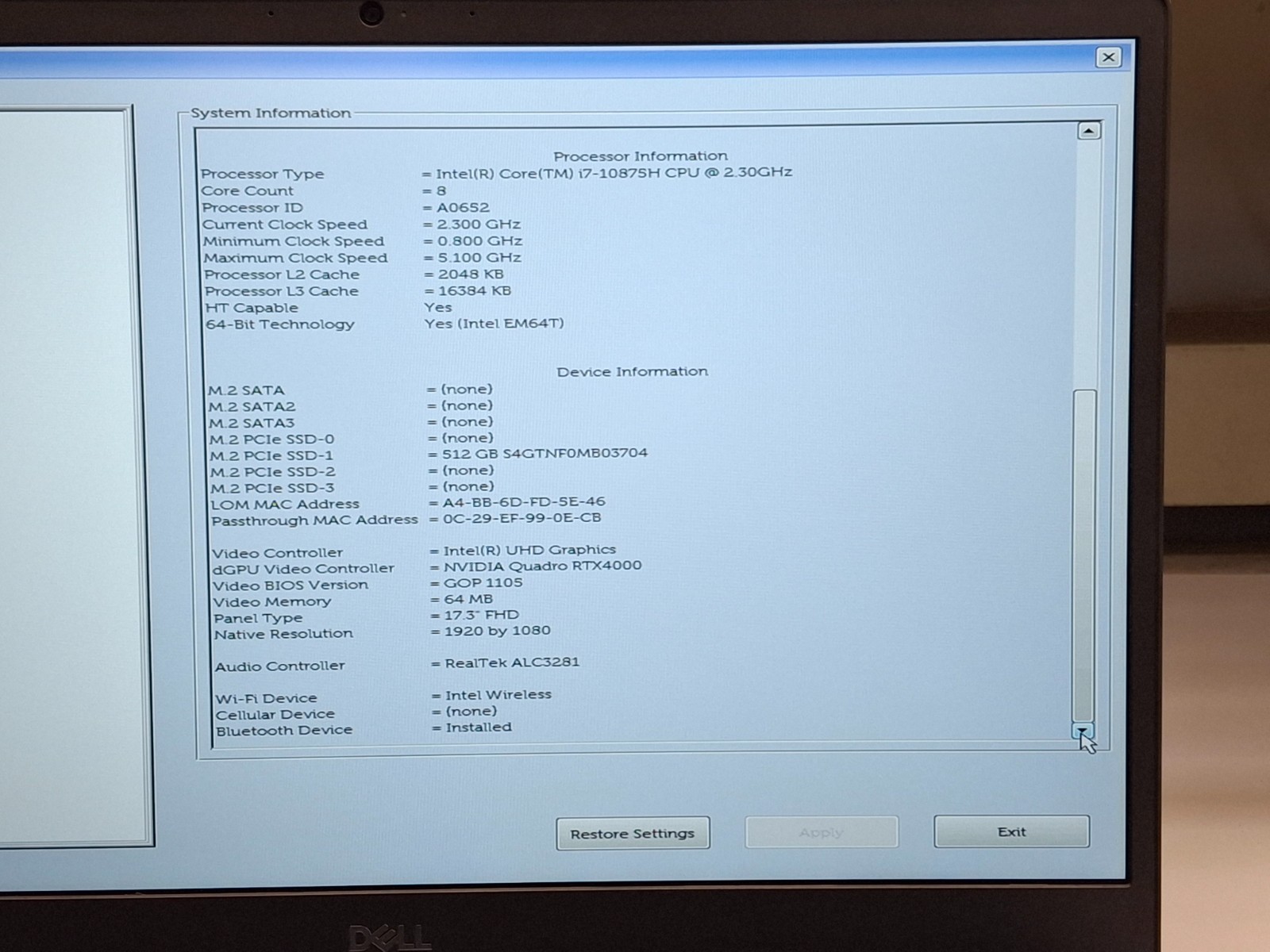 Dell Precision 7750 8-Core I7- 10875H 32GB RAM 512GB SSD 17.3″ FHD RTX4000
