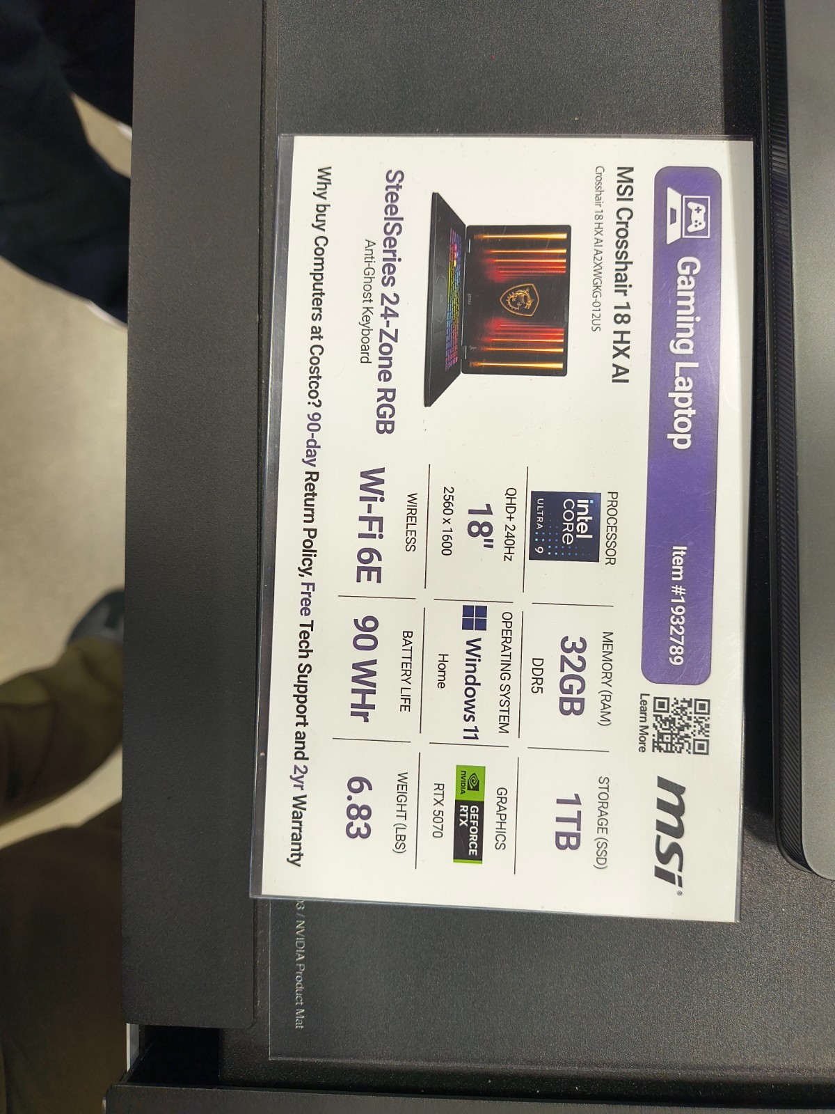 MSI Crosshair 18 HX AI A2XWGKG-012US 18″ Gaming Laptop QHD U9-275HX 5070 1TB