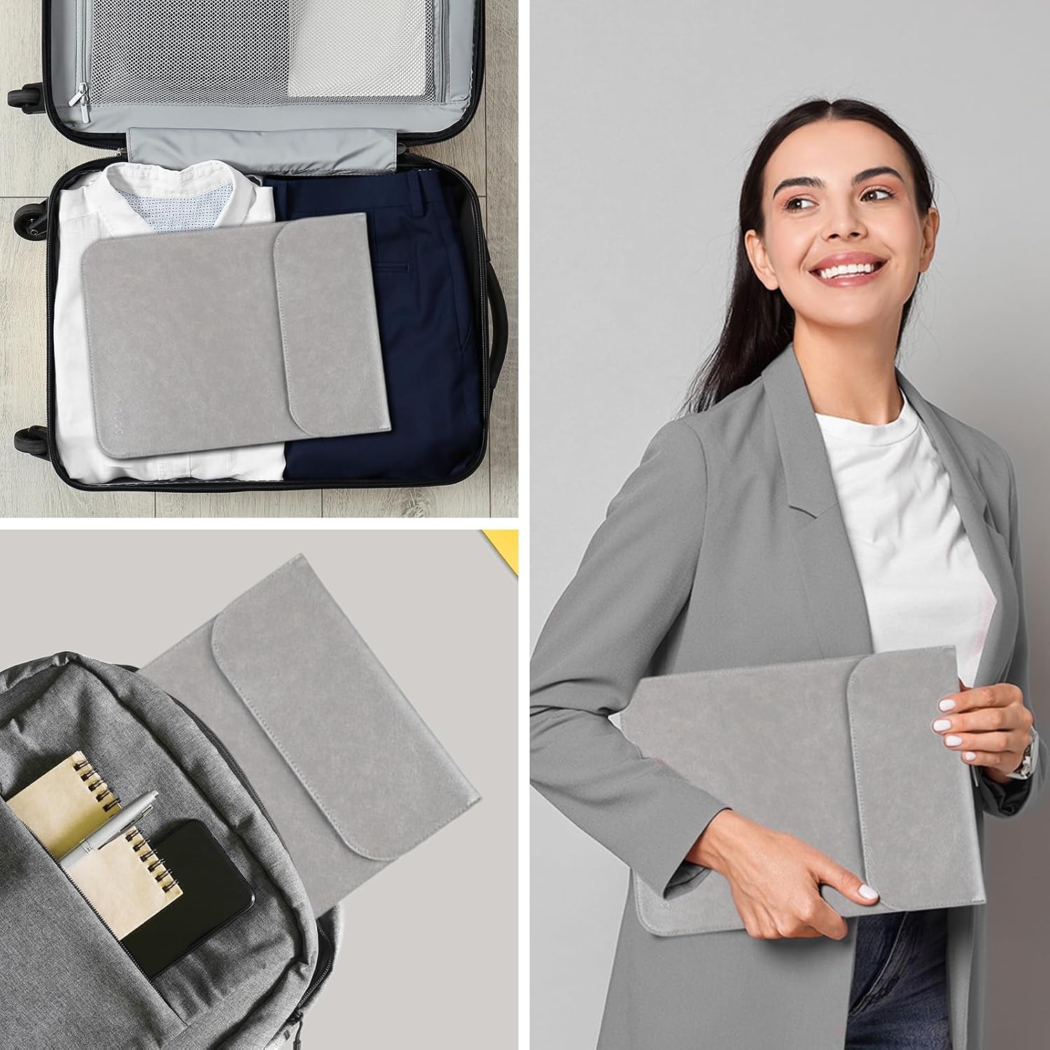 Gray Waterproof PU Leather Laptop Sleeve Bag for 15-16 inch MacBook Pro & Air