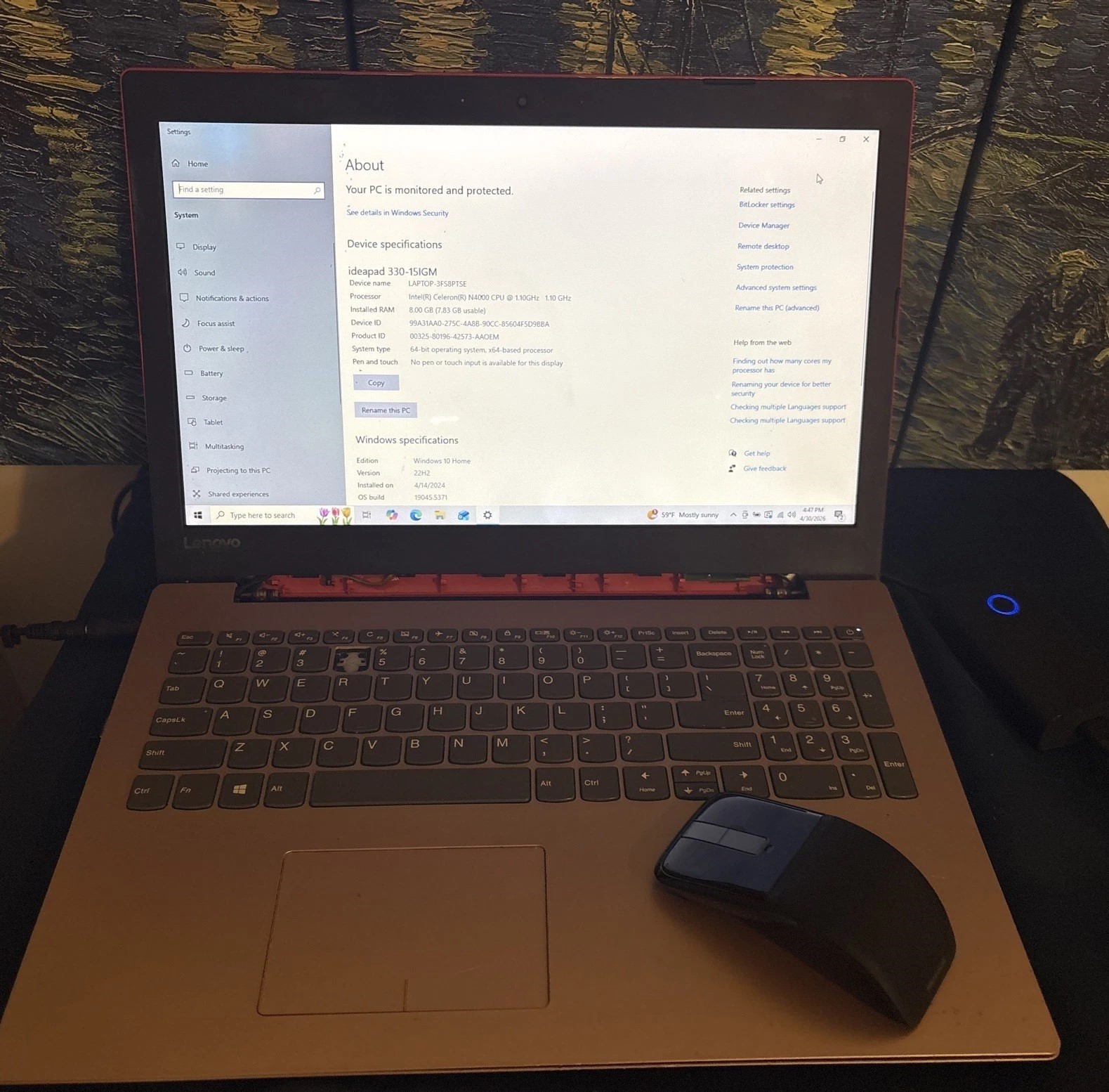 red Lenovo laptop Idea pad 330-15ikb 8 GB RAM, read issues, microsoft arc mouse