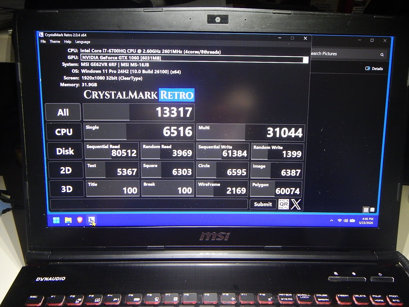 MSI GE62VR 6RF Apache Pro Intel Core i7-6700HQ 32GB Ram