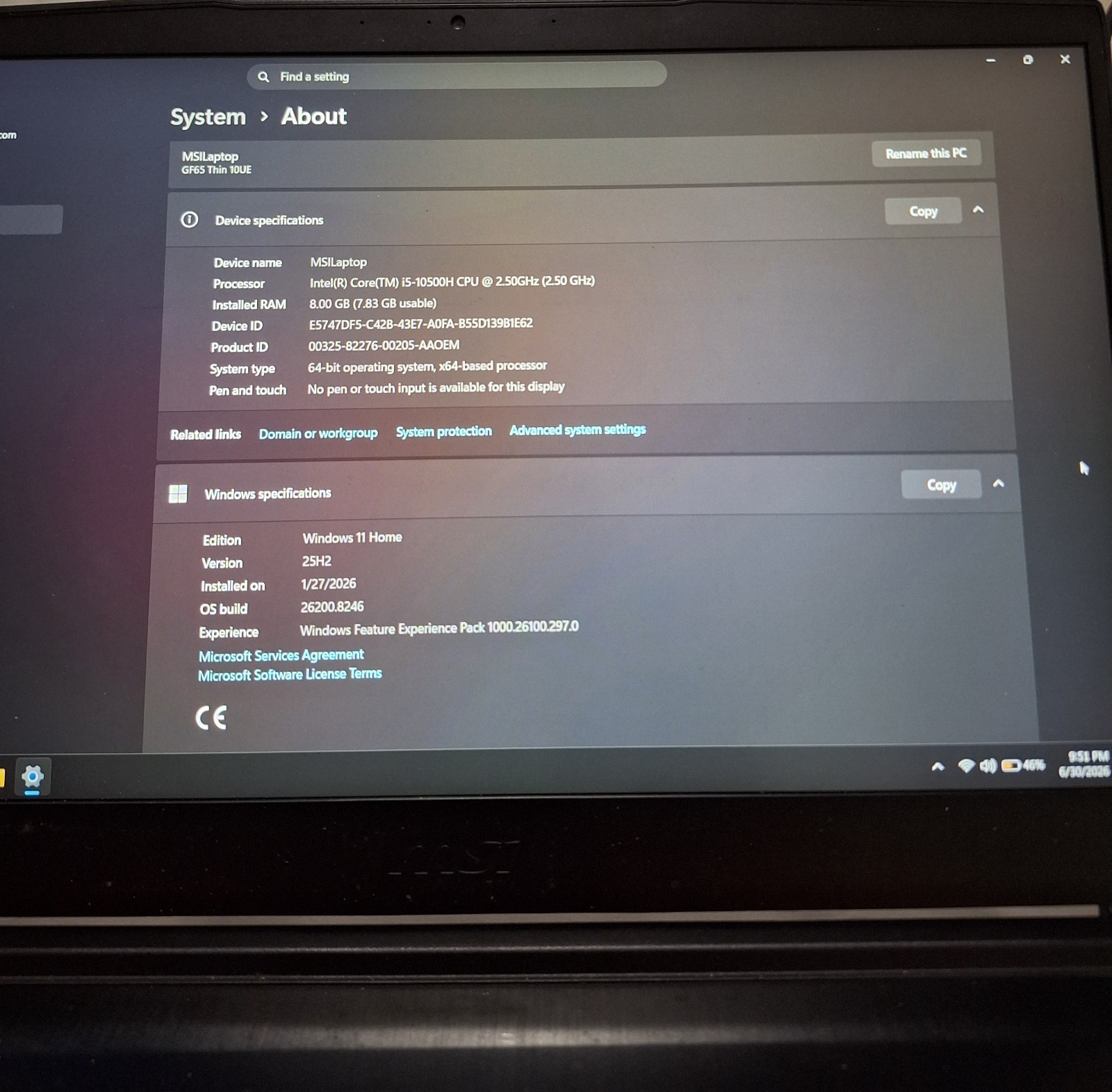 MSI GF65 Thin 15.6″ (512GB SSD, Intel Core i5 10th Gen., 2.60 GHz, 8GB) Laptop –