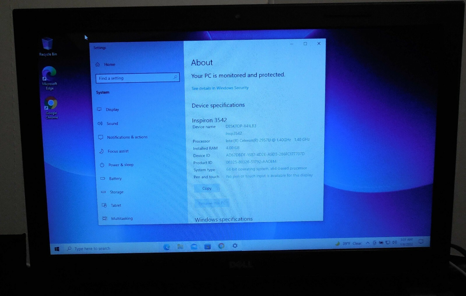 DELL INSPIRON 3542 INTEL 2957U @ 1.40GHZ 4GB RAM 160GB HDD 15.6″ WIN 10