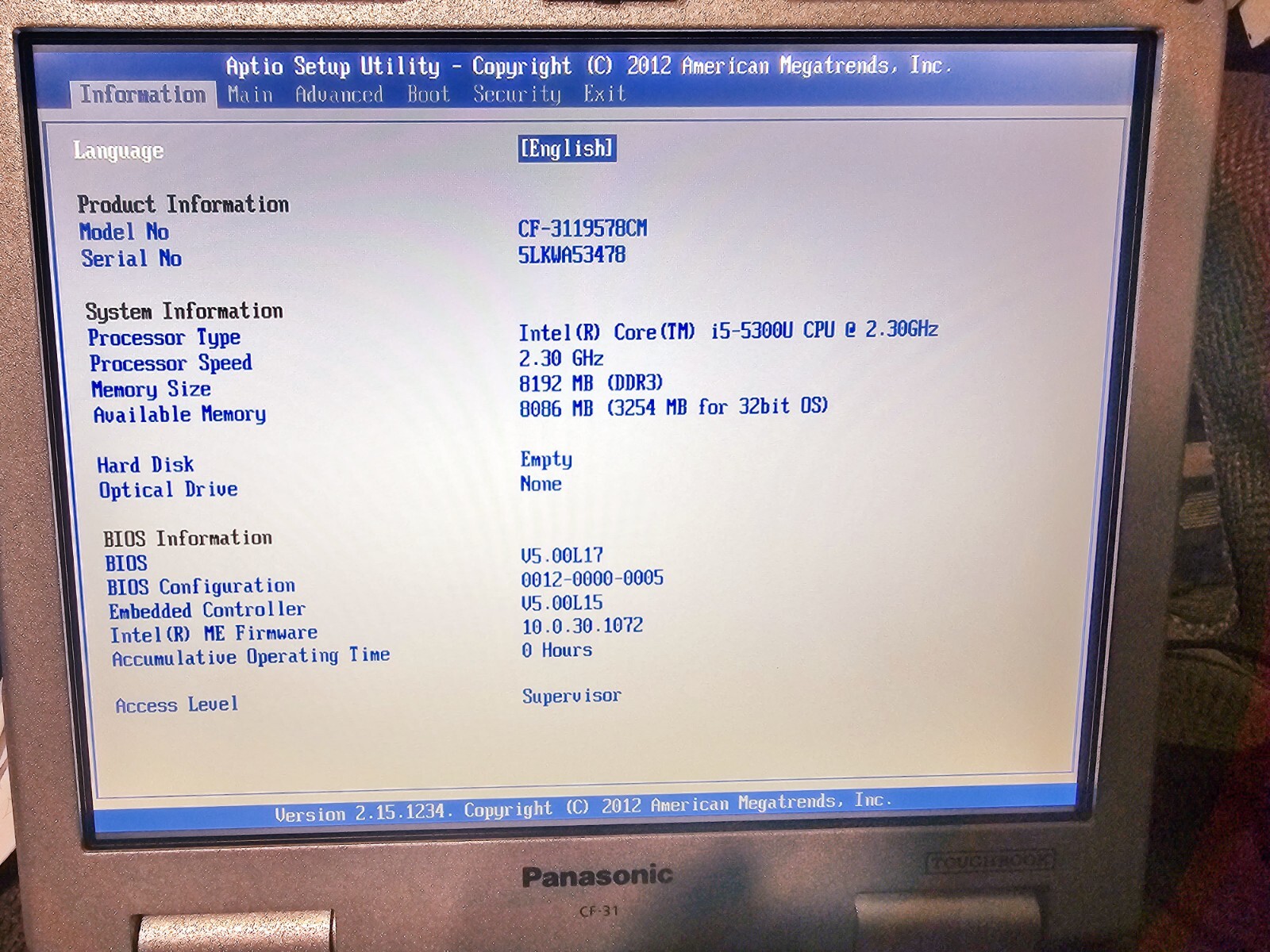 Panasonic ToughCF-31 MK5, i5-5300U @ 2.30GHz/16GB/1TBSSD/Win 10P64B,4G LTECAMGPS