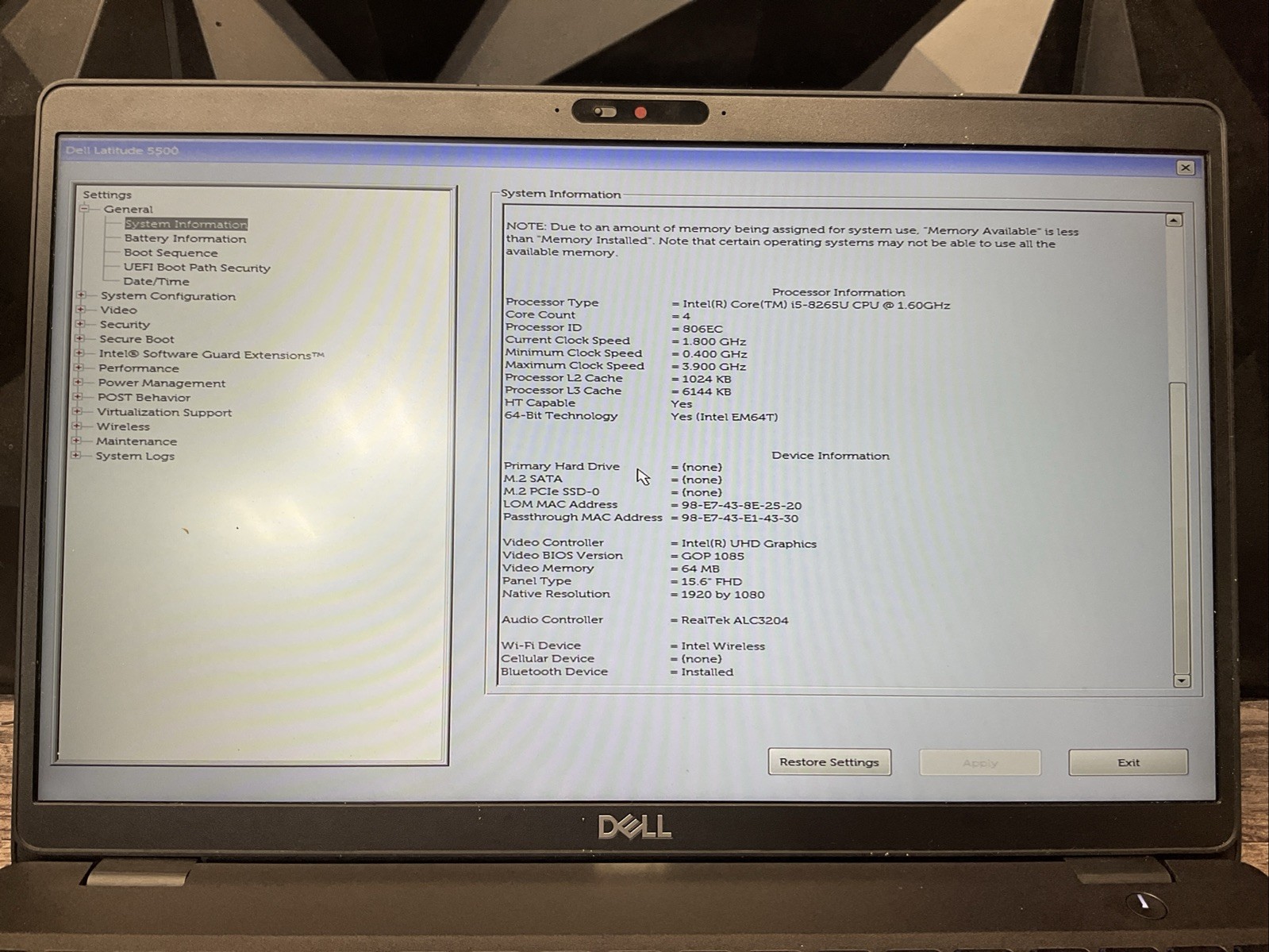 Dell Latitude 5500 / Intel Core i5 8th Gen / 8GB RAM / BIOS Unlocked / C5