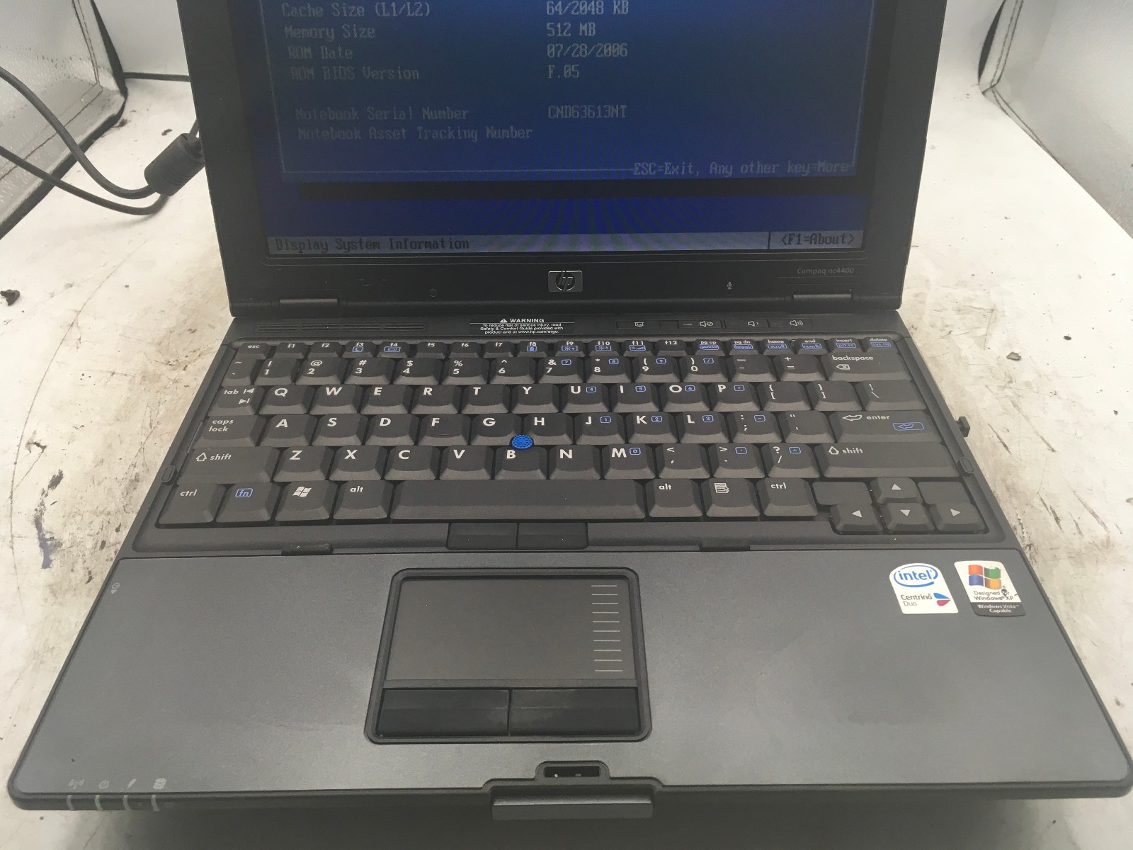 HP COMPAQ NC4400 – BOOTS TO BIOS – INTEL CENTRINO – 512MB RAM – READ DESCRIP -BB