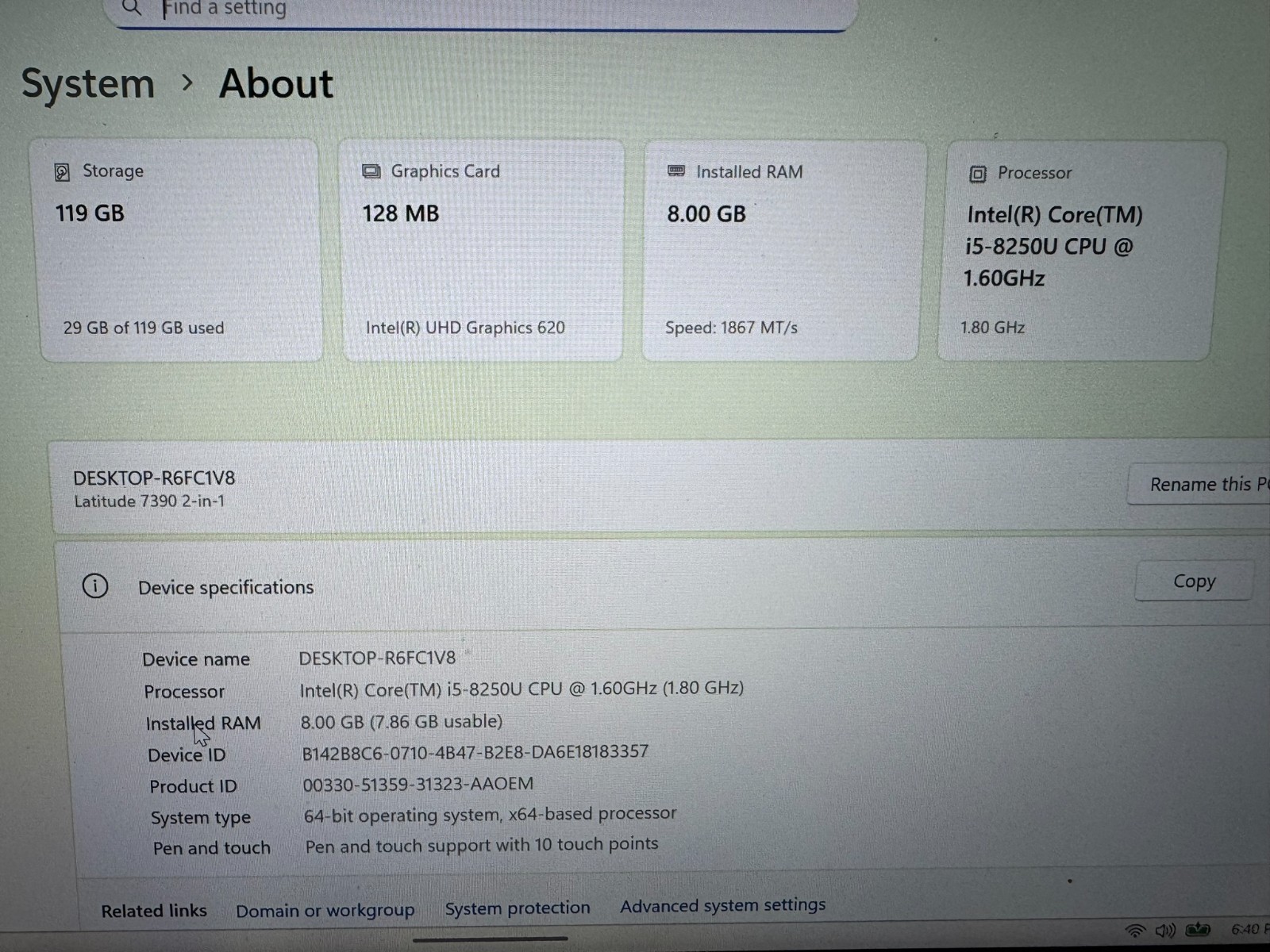 Dell Latitude 7390 13.3” 128GB SSD, i5-8250u 8th Gen, 8GB Windows 11 Pro