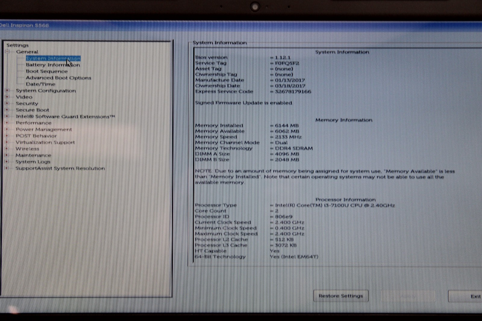 Dell Inspiron 5566 Touch i3-7100U @ 2.4 GHz 6GB RAM 240GB SSD No OS