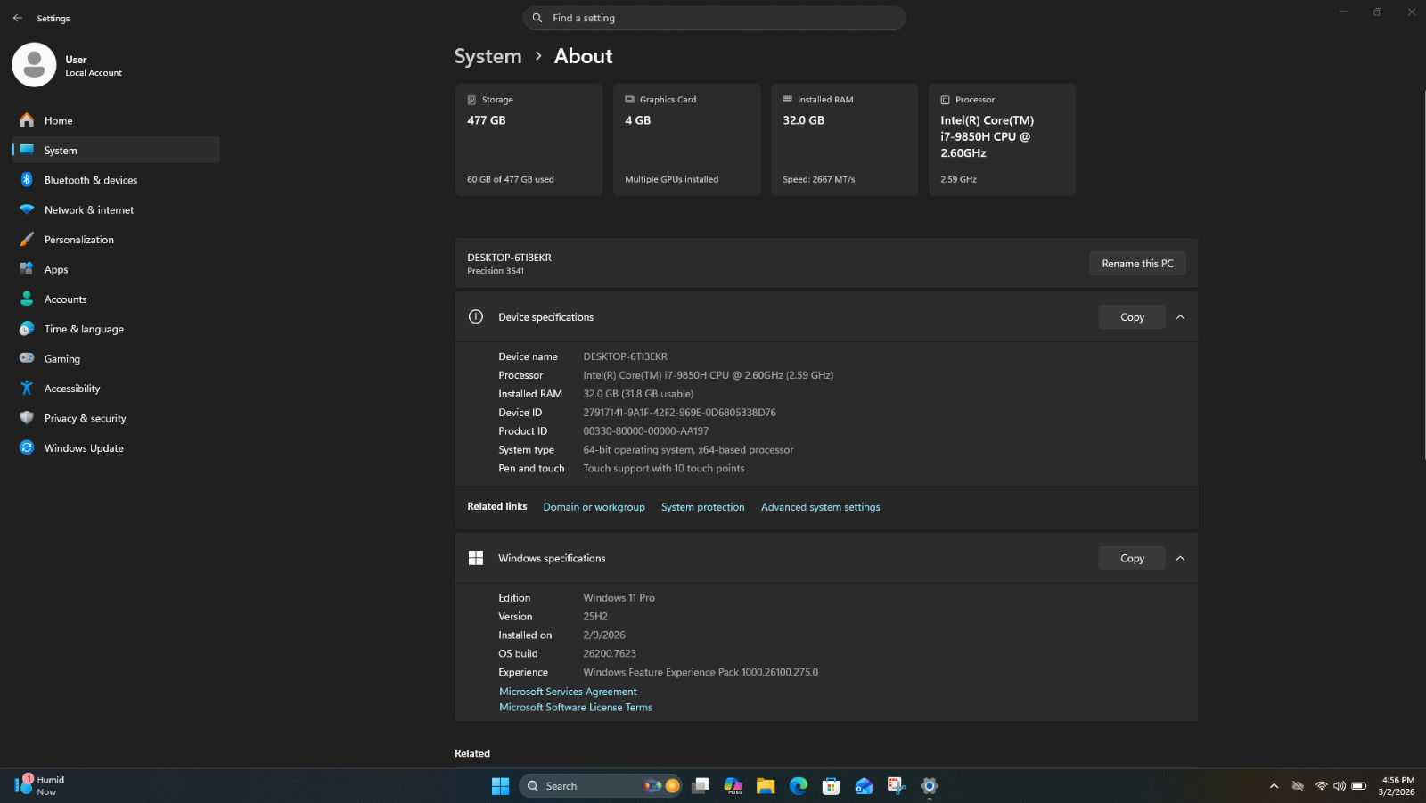 Dell Precision 3541 Mobile Workstation Intel(R) Core(TM)i7-9850H CPU @2.6 GHz 39