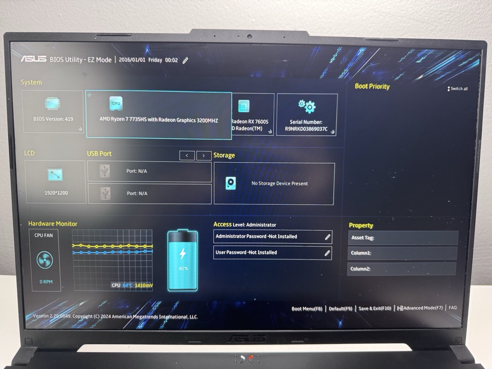 ASUS TUF A16 Gaming Laptop Ryzen 7 7735HS, AMD RX 7700S No Ram/ No Ssd For Parts