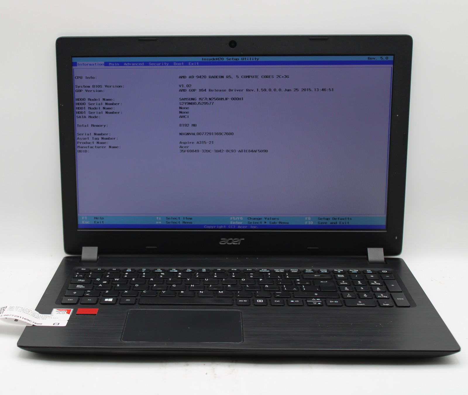 Acer Aspire 3 A315 _ AMD A9-9420 _ 8GB RAM _ 256GB SSD _ No OS