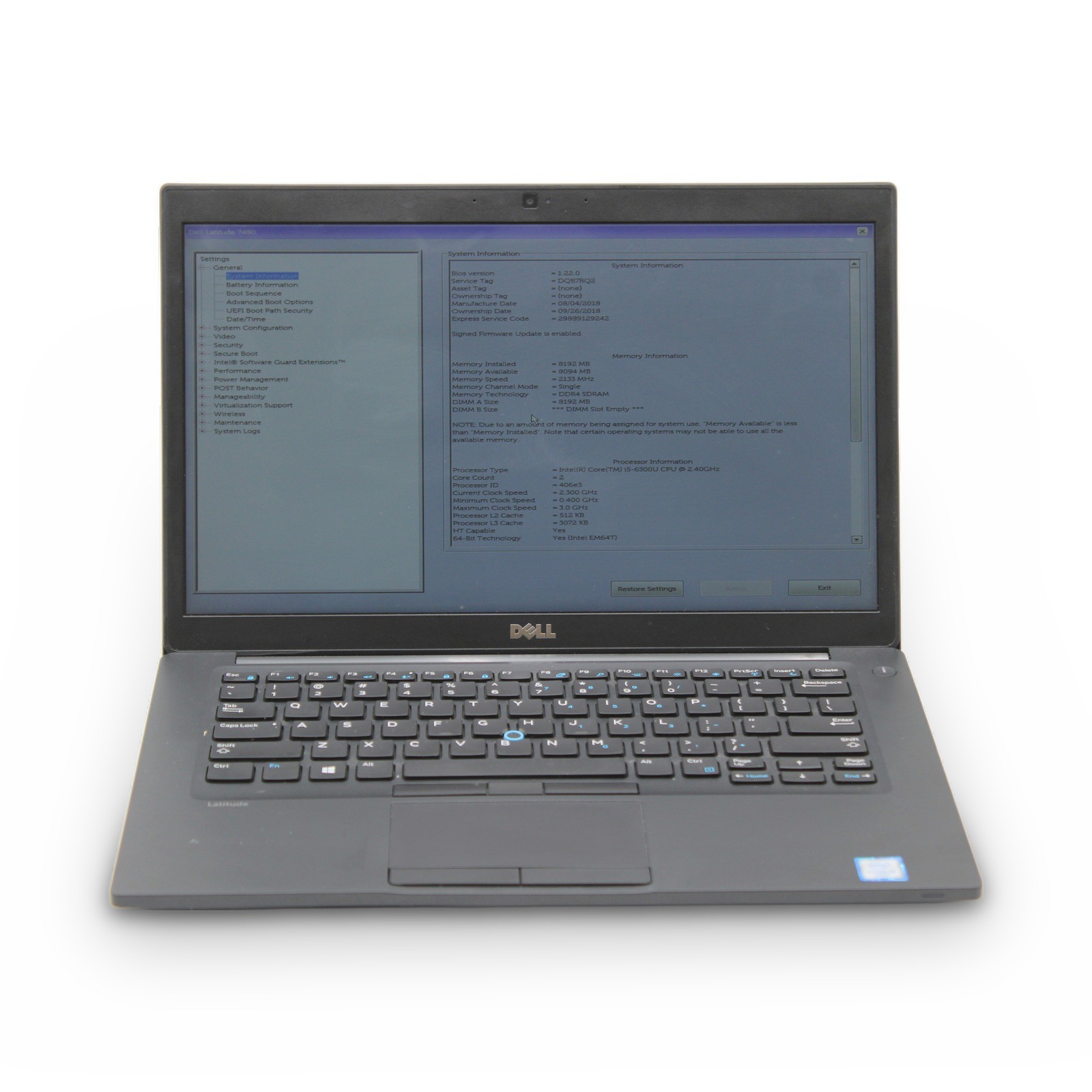 Dell Latitude 7480 14in i5-6300U 8GB FHD Grade A No OS, Drive, Power Cord
