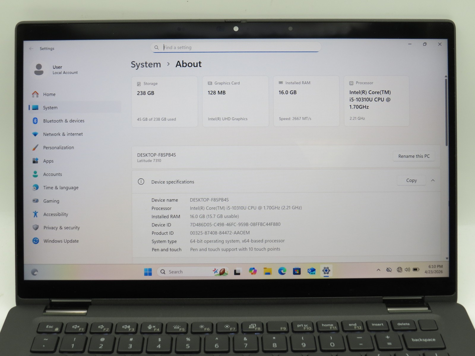 Dell Latitude 7310 | i7-10310U @ 2.2GHz | 16GB / 256GB m2 | 13.3 touch | Win 11