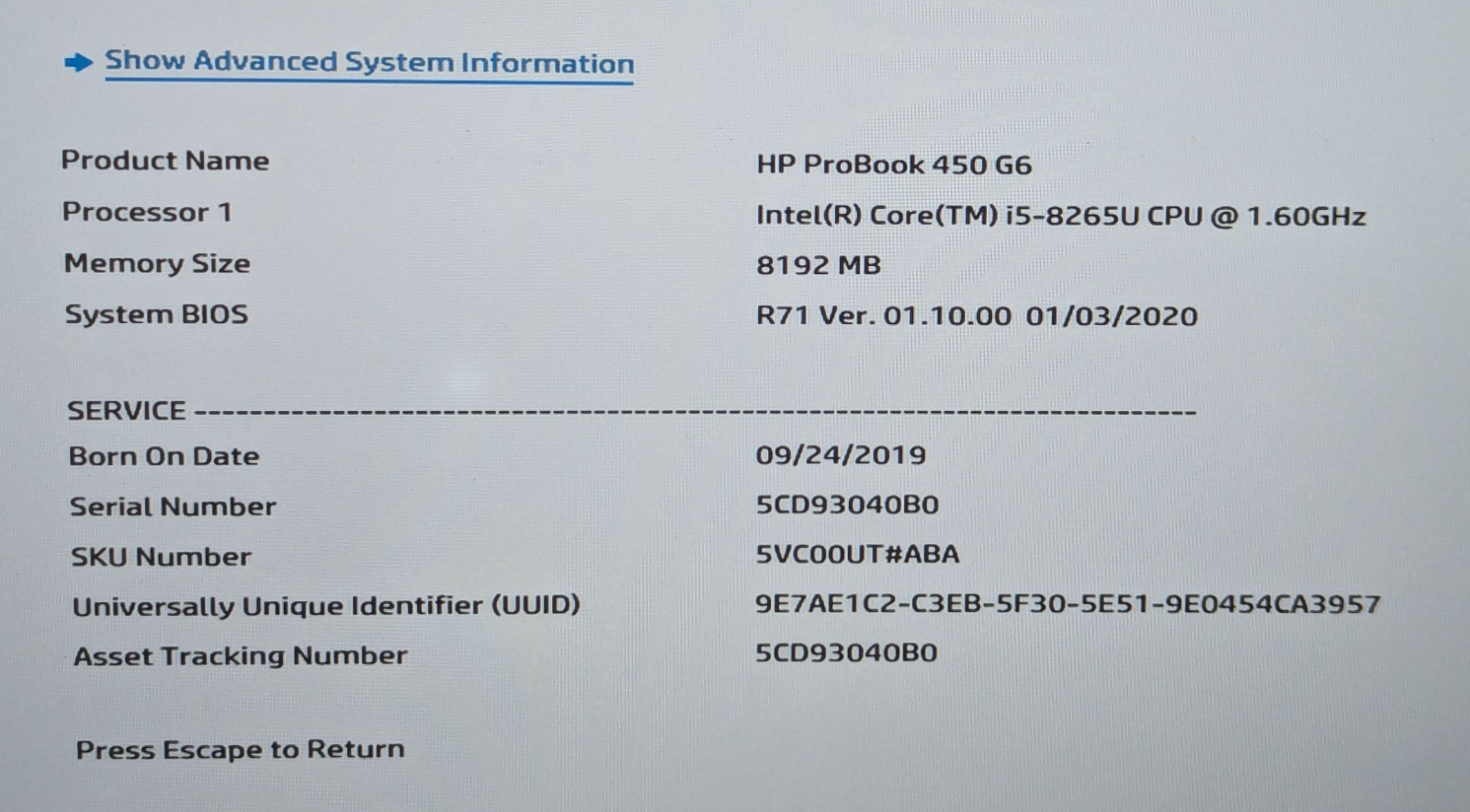 Incomplete HP ProBook 450 G6 15.6″ Laptop Intel Core i5-8265U 1.60GHz 8GB RAM