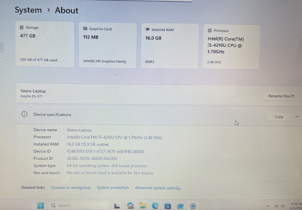 Acer Aspire E5-571 Laptop Intel Core i5 16GB RAM 512GB SDD Windows 11 Black