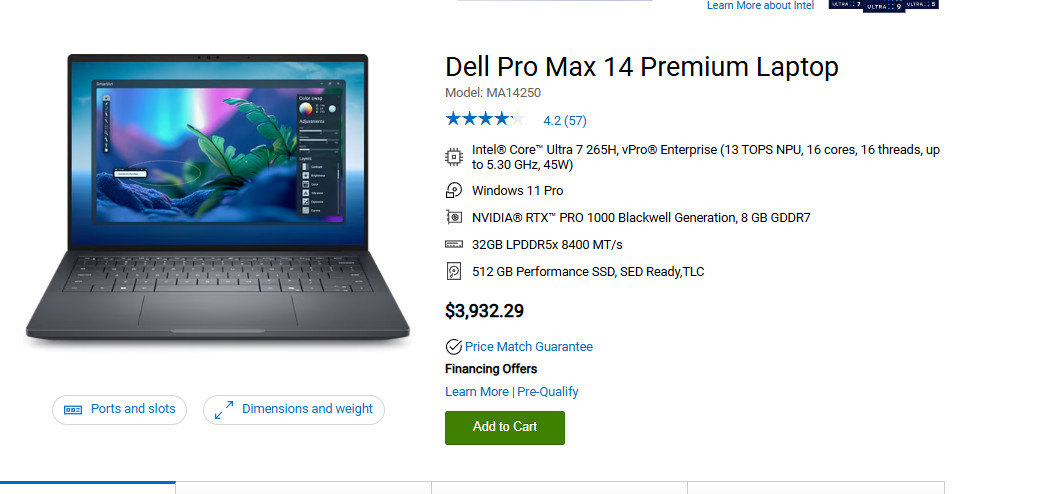 Dell Pro Max 14 Premium MA14250 QHD+ OLED Core Ultra 7 265H 32GB Ram RTXPRO 1000