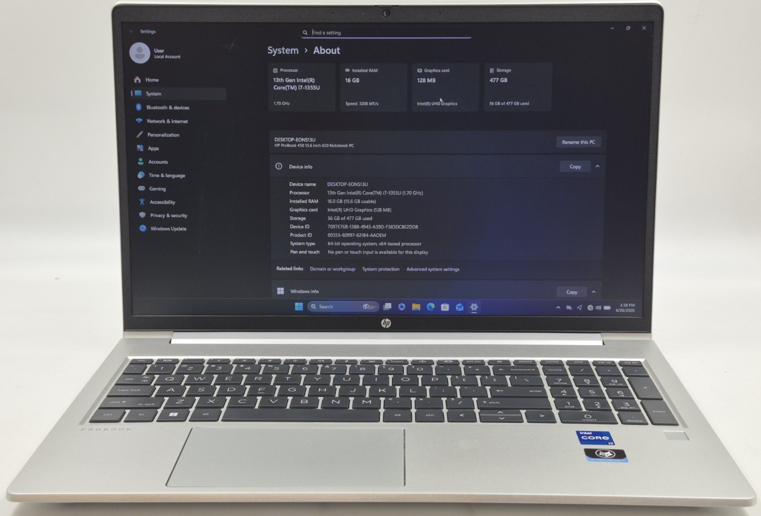 HP ProBook 450 G10 i7-1335U 1.70GHz 16GB RAM 512GB NVMe SSD Windows 11 Pro