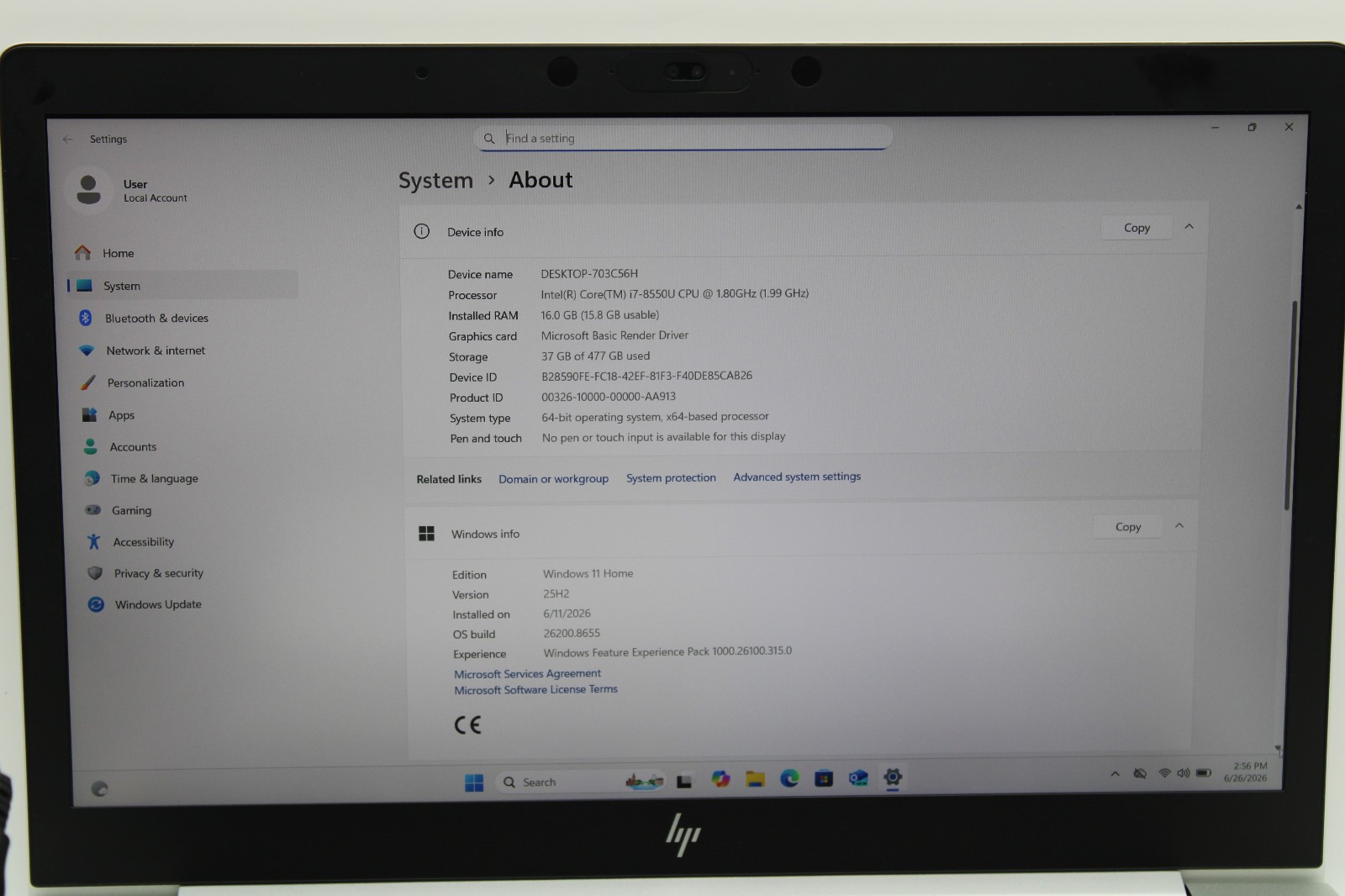 HP EliteBook 850 G5 i7-8550U @ 1.8 GHz 16GB RAM 512GB SSD W11H