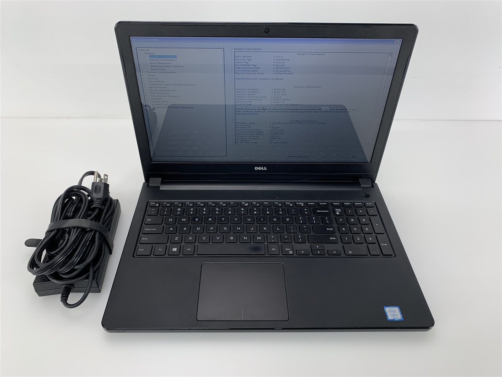 Dell Inspiron 5566 i7-7500U 2.70GHz 8GB RAM No HDD/SDD – Boots to BIOS – 15.6″