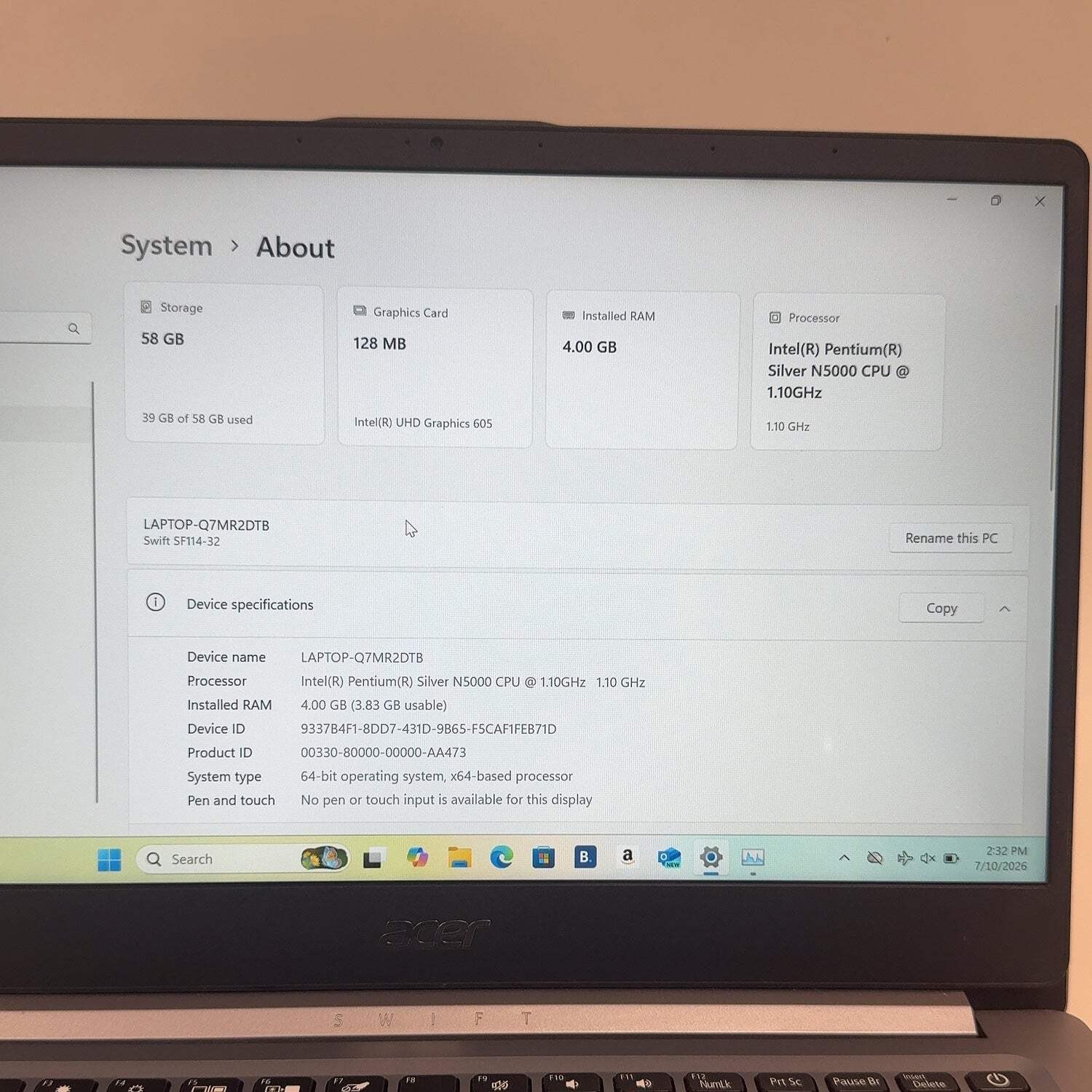 Acer Swift SF114-32-P2PK N17W6 14″ Pentium Silver N5000 1.1GHz 4GB RAM 64GB eMMC
