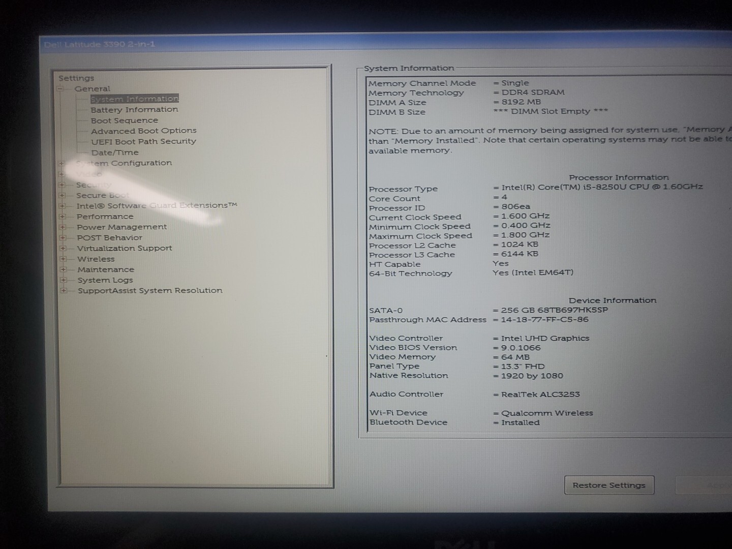 Dell Latitude 3390 (2-in-1) Intel i5 8250U 1.6GHz 8GB 256GB
