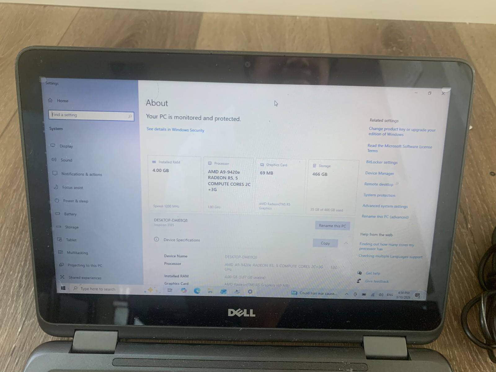 Dell Inspiron 3185 11.6″ AMD A9-9420e Radeon R5 1.80GHz 4GB RAM 500GB HDD Win10