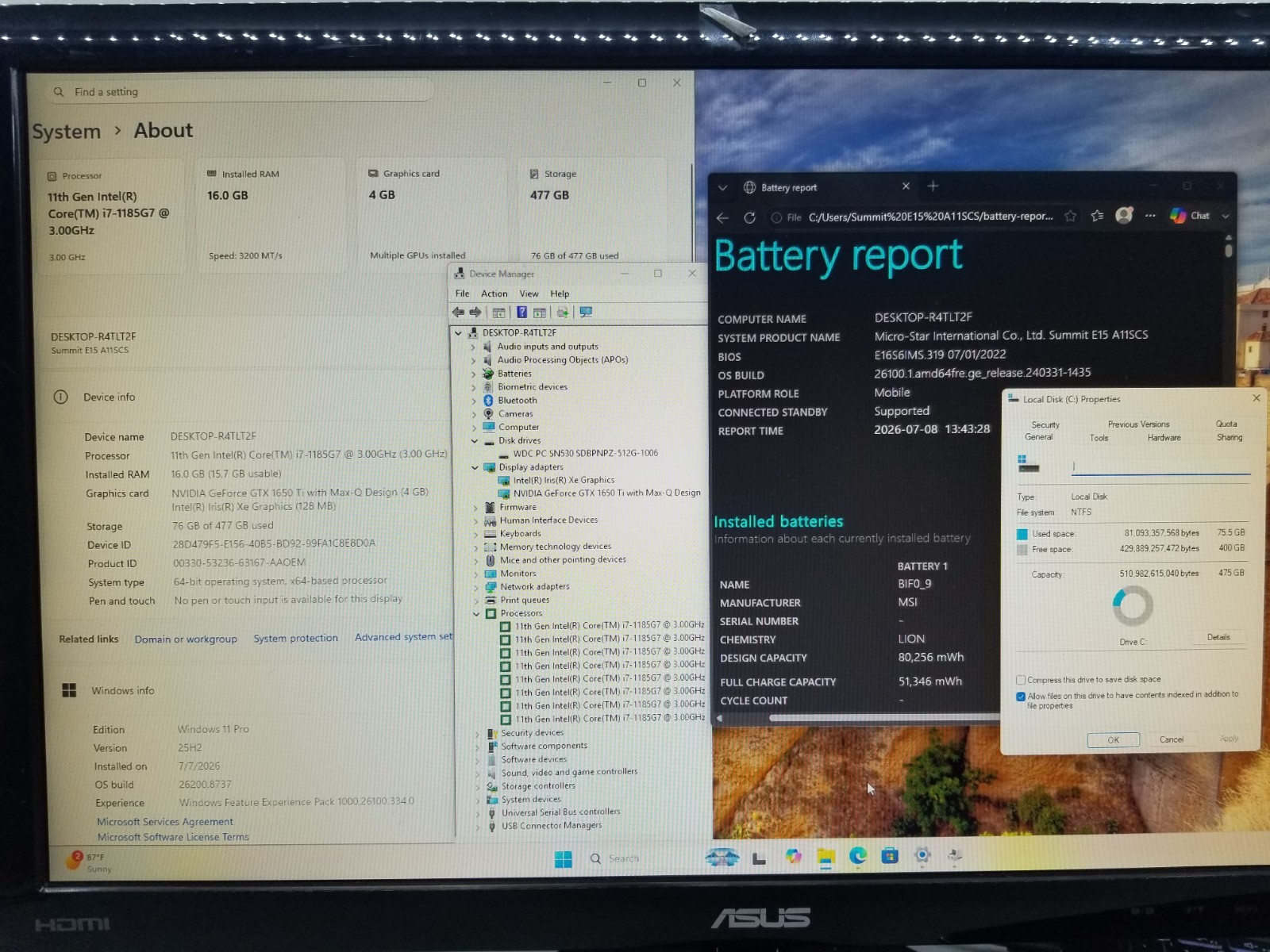AS-IS MSI Summit E15 i7-1185G7 3.0GHz 16GB RAM 512GB NVMe NVIDIA GTX Win11P READ