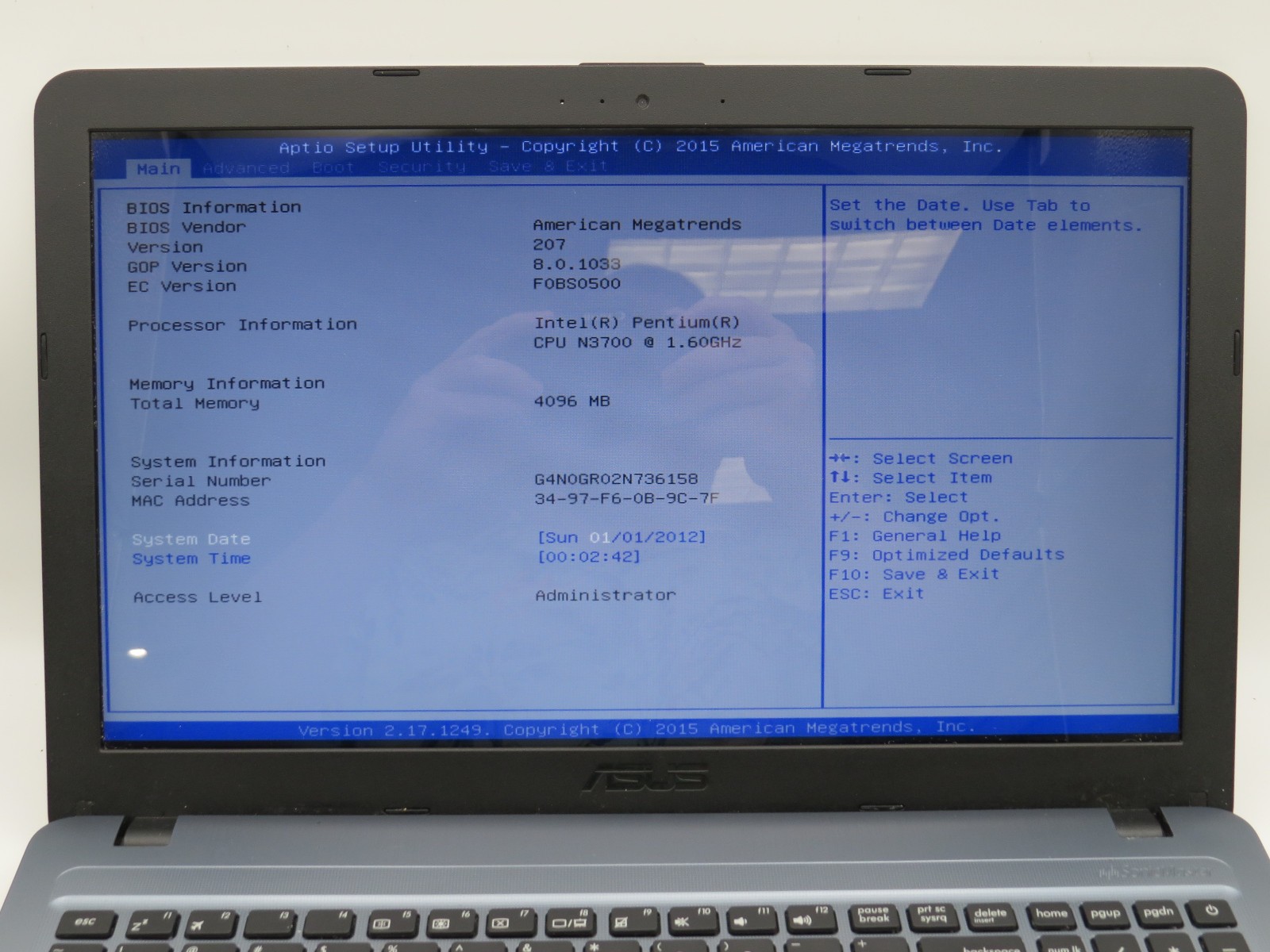 ASUS X540 Pentium 3700 @ 1.6GHz 4GB DDR3 240GB 2.5″ SATA SSD No OS/AC