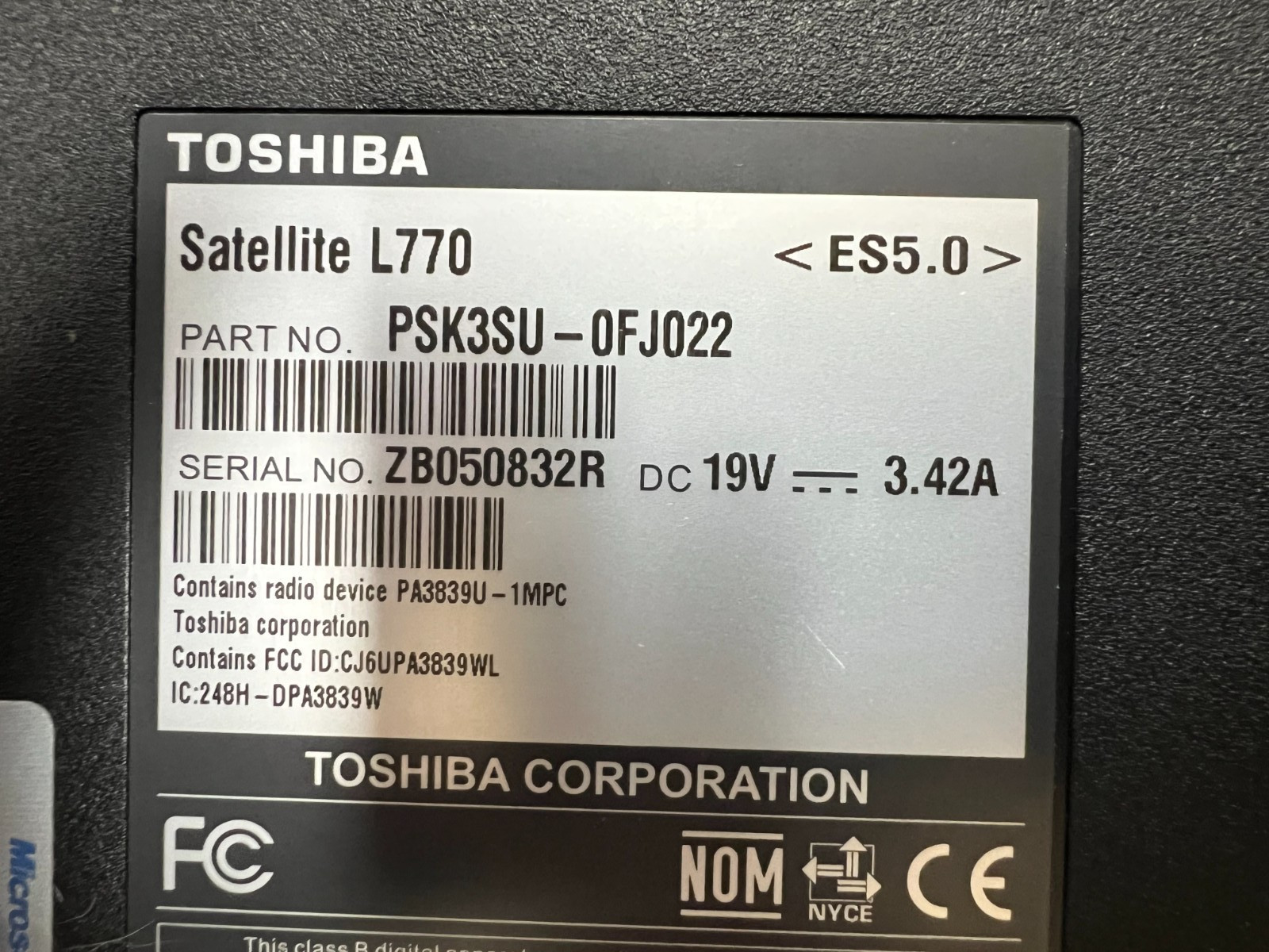 Toshiba Satellite L770 I5-2430m 2.40GHz 4 GB Ram No OS No HDD