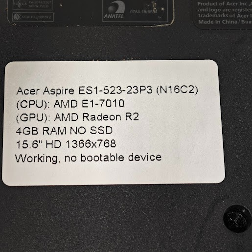 Acer Aspire ES1-523-23P3 Laptop – E1-7010, Radeon R2, 4GB RAM, No SSD, 15.6″ HD