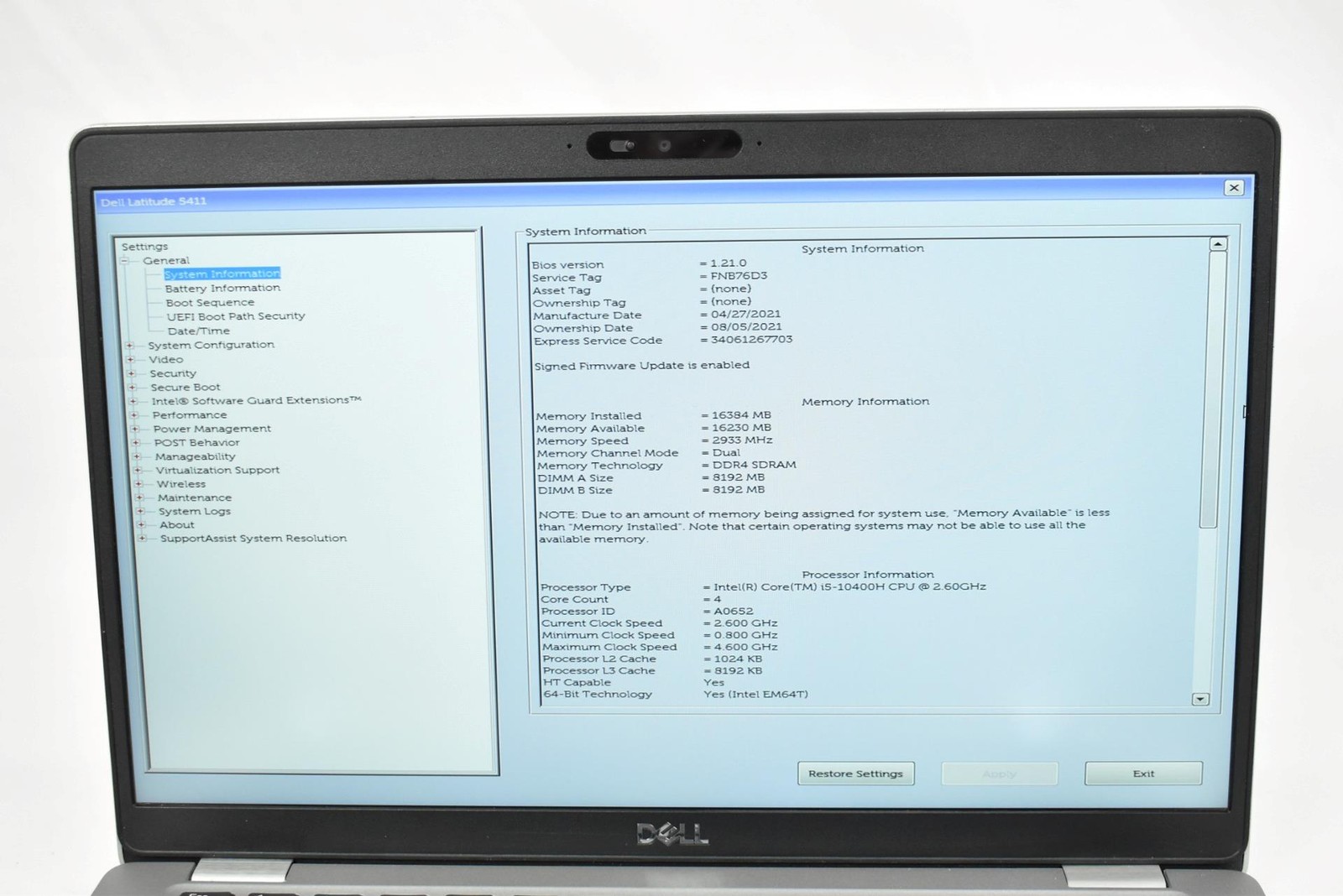 Dell Latitude 5411 Laptop i5-10400H 2.6GHz 16GB 256GB SSD No OS *See Details*
